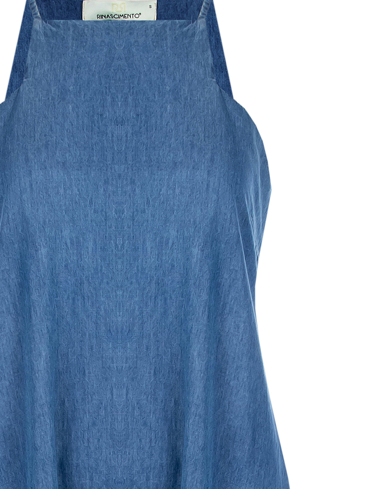 Long A-line Dress in Denim with Square Neckline and Pockets