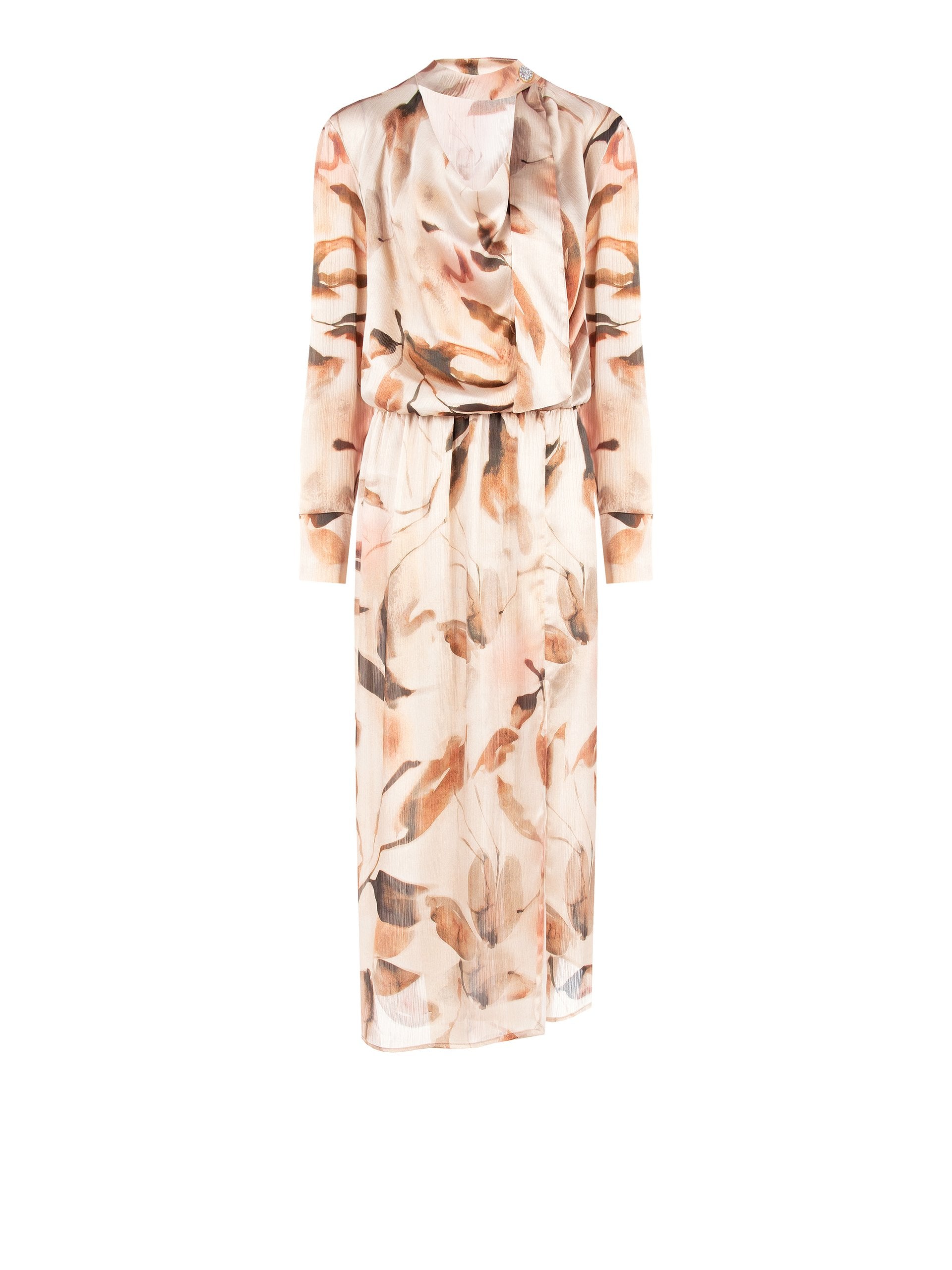 Long Asymmetrical Dress in Crinkled Satin with Gemstone Button