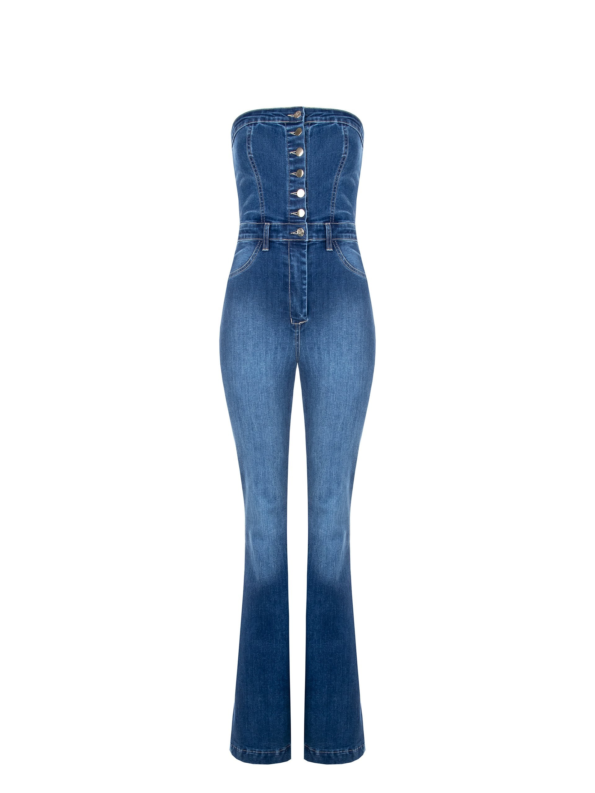 Strapless Flare Denim Jumpsuit