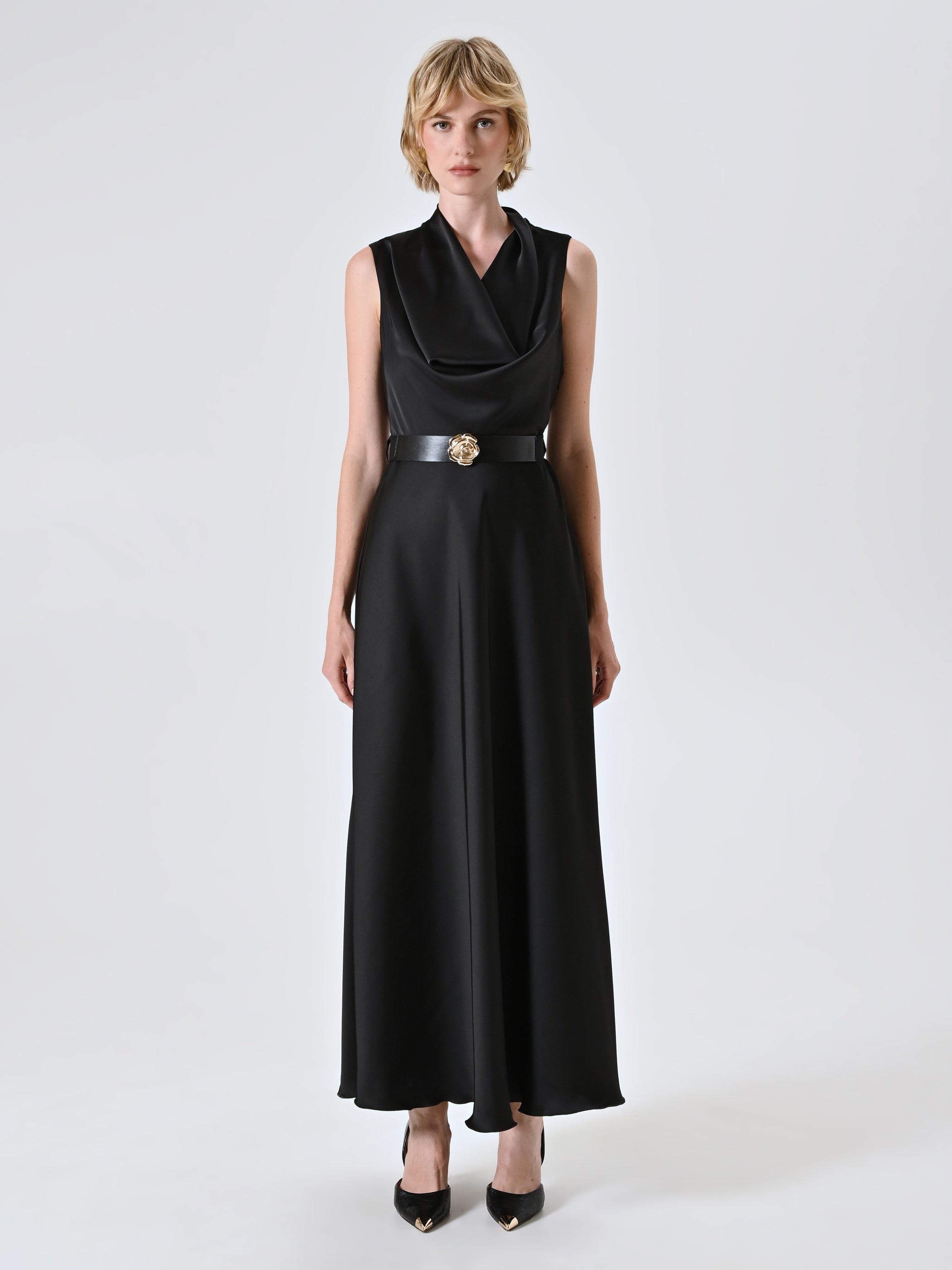 Long Satin Dress with Belt