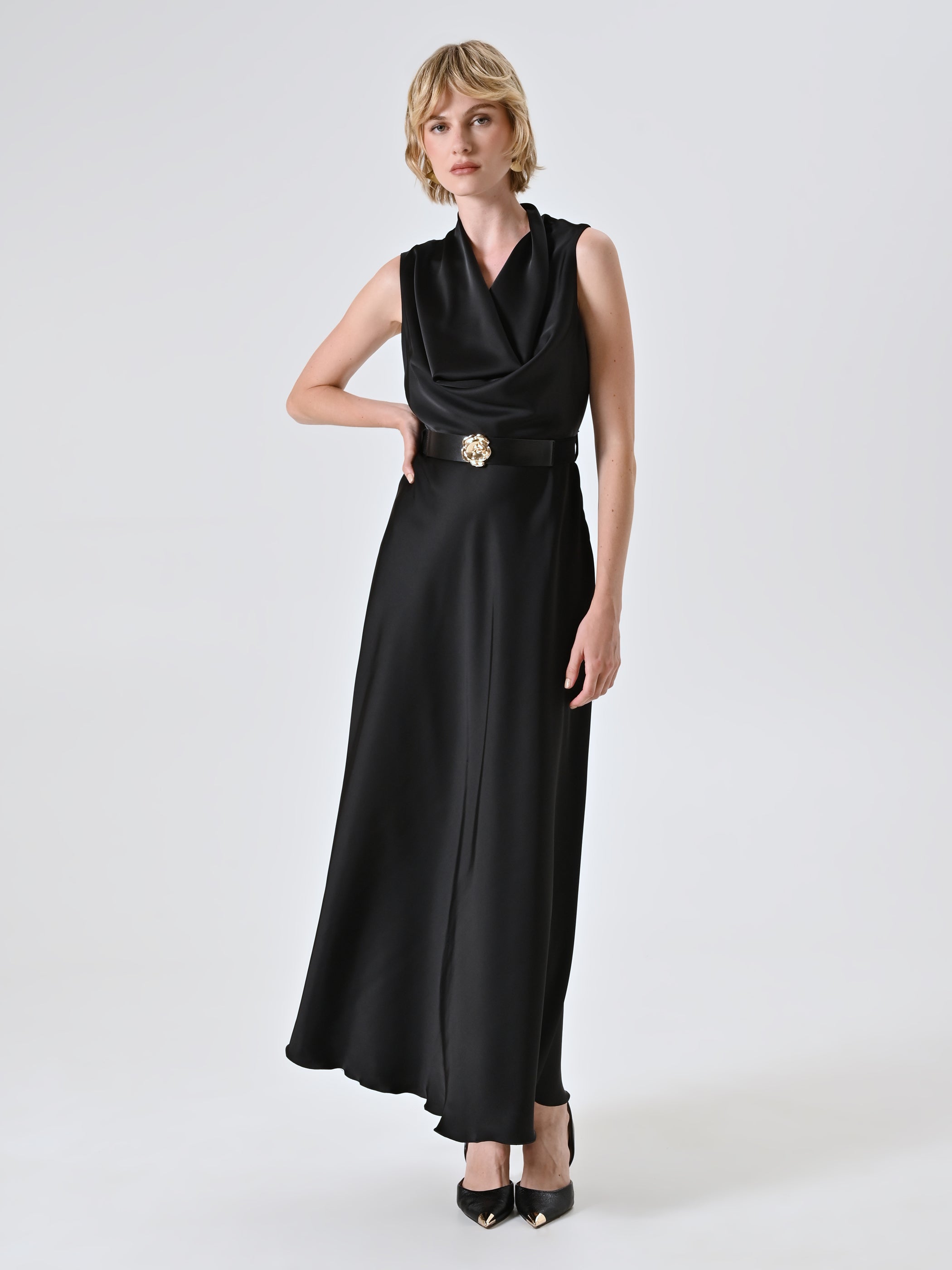 Long Satin Dress with Belt