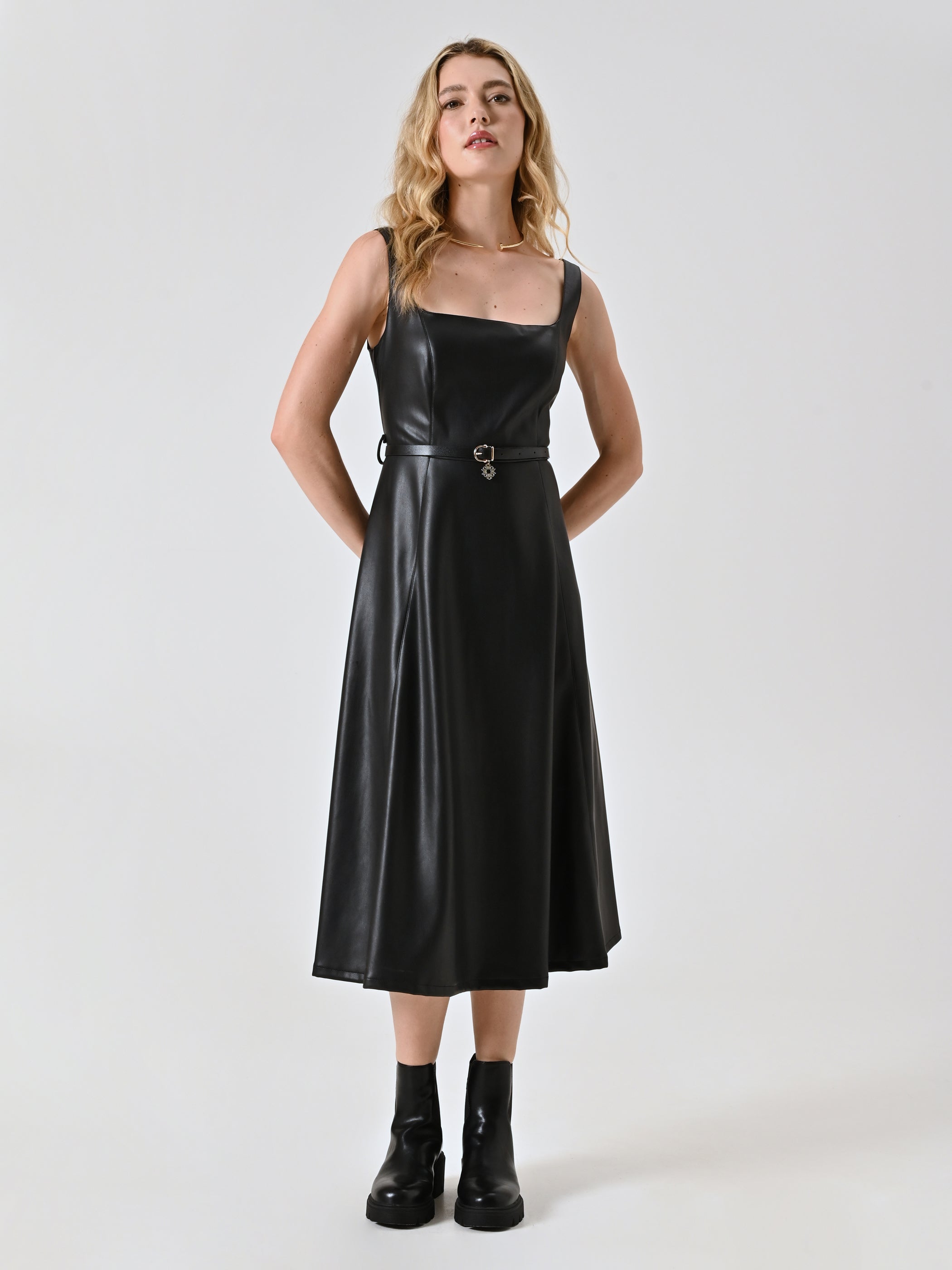 Flared Faux Leather Dress