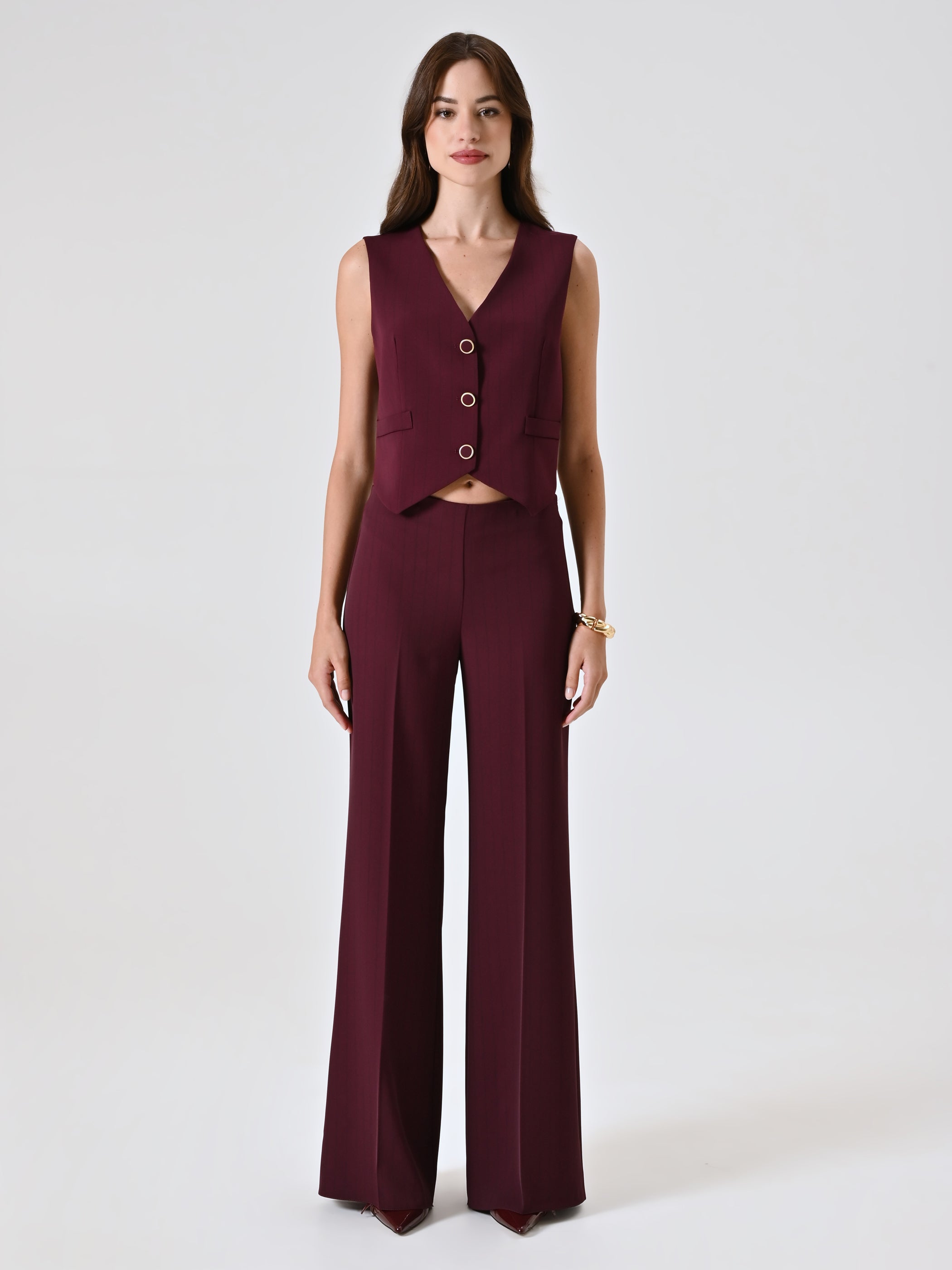 Burgundy Trousers with Black Stripe