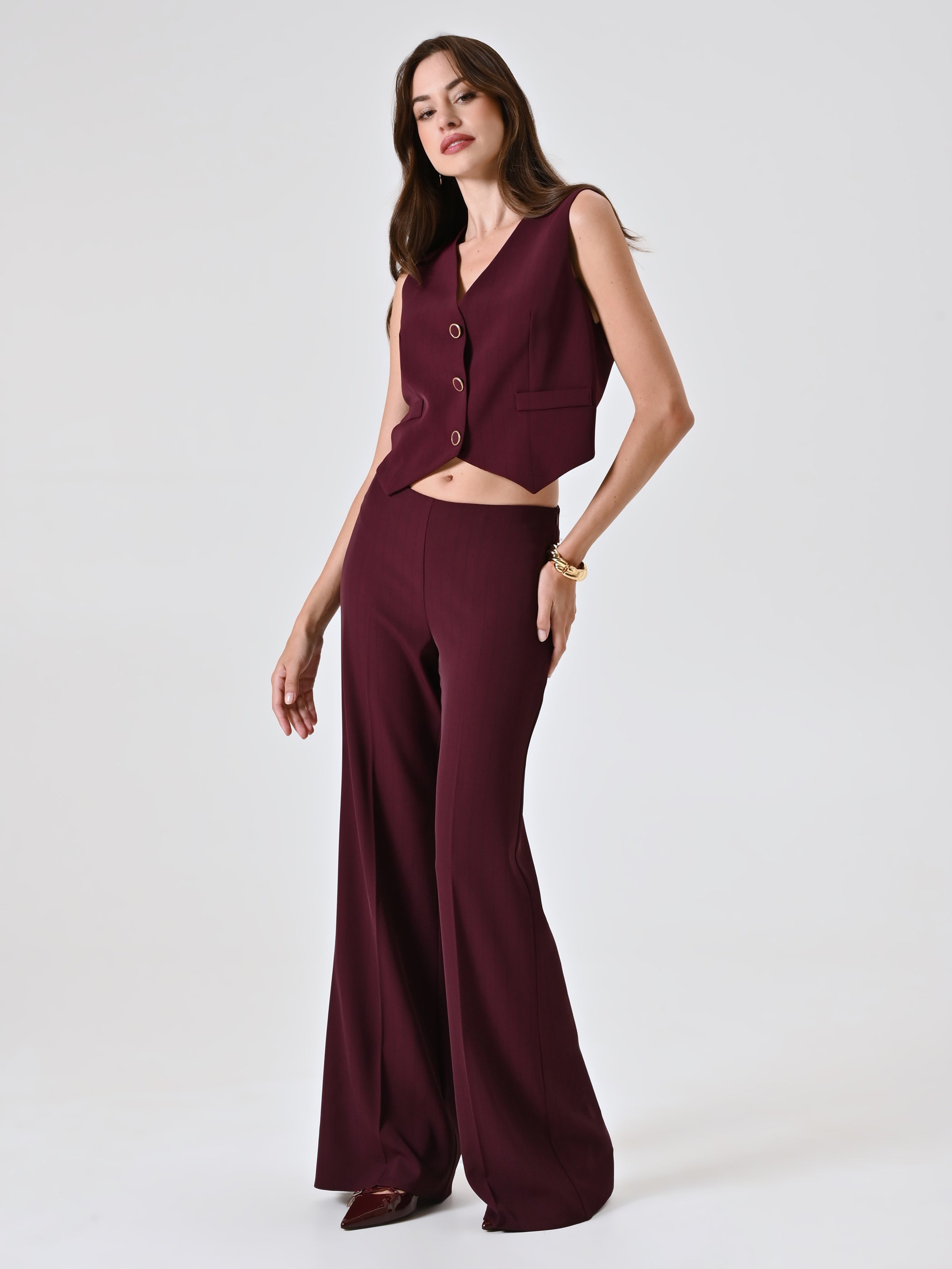 Burgundy Trousers with Black Stripe