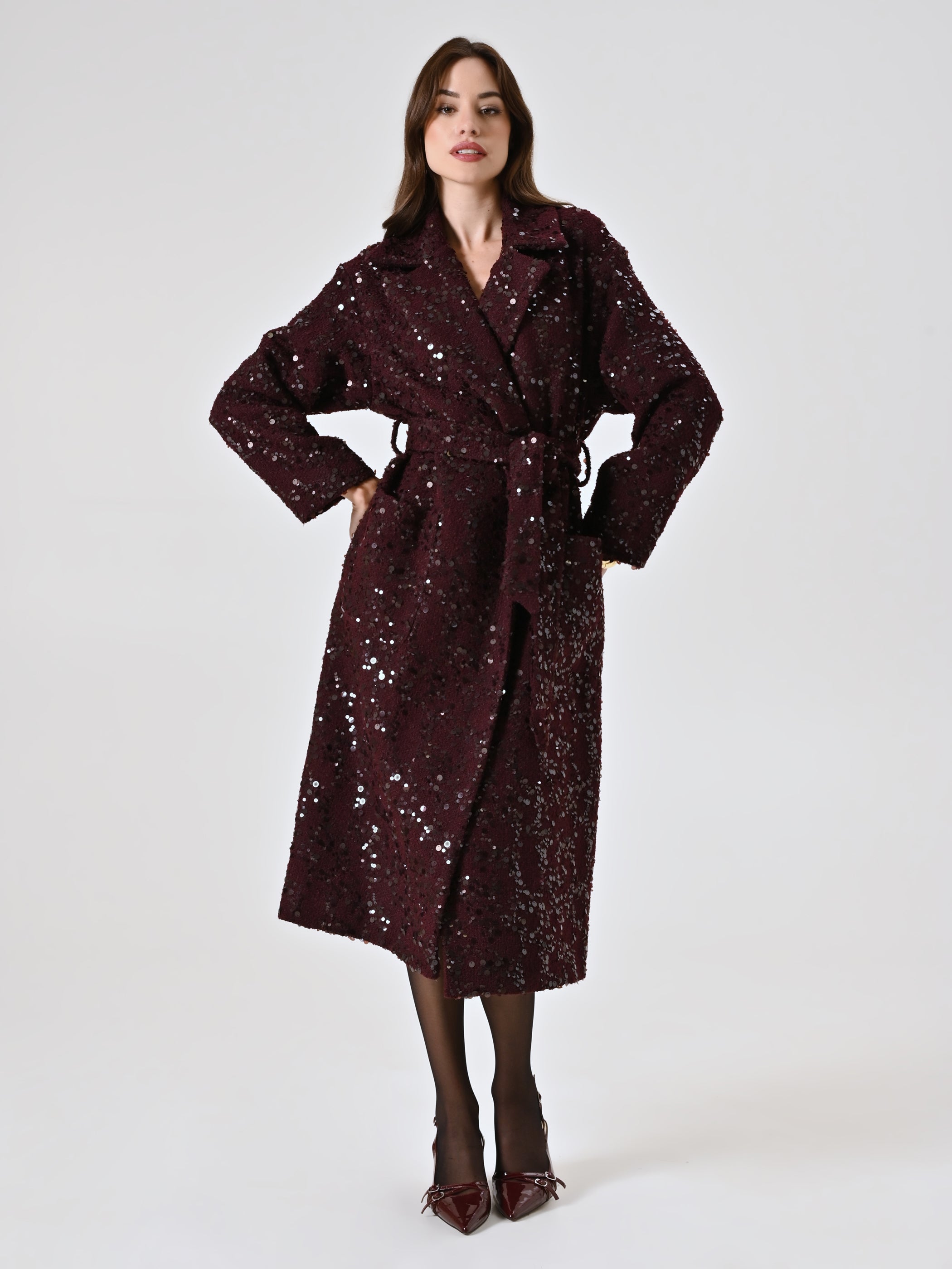 Maxi Burgundy Coat in Bouclé Wool and Sequins