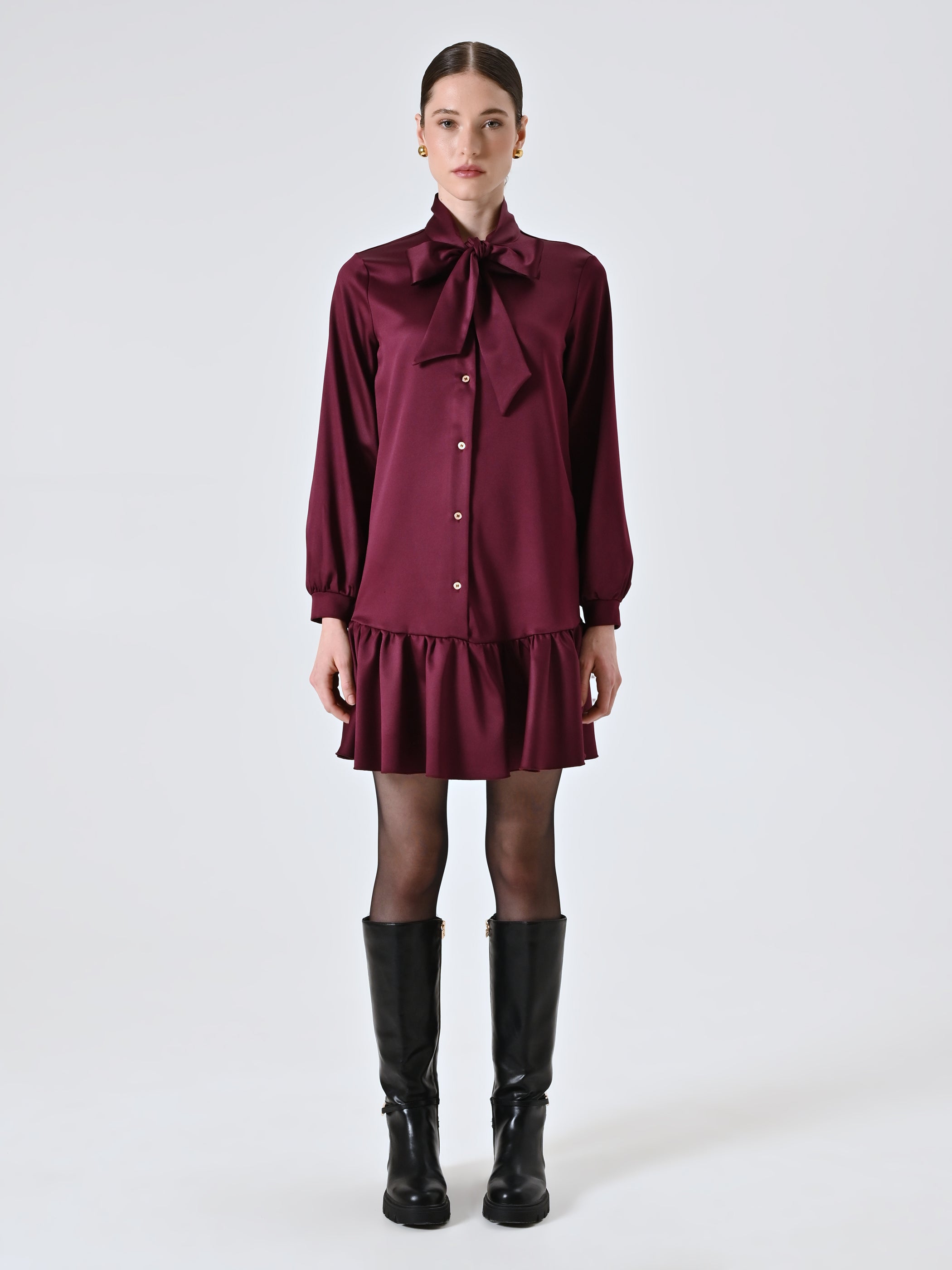 Burgundy Satin Shirt Dress with Bow