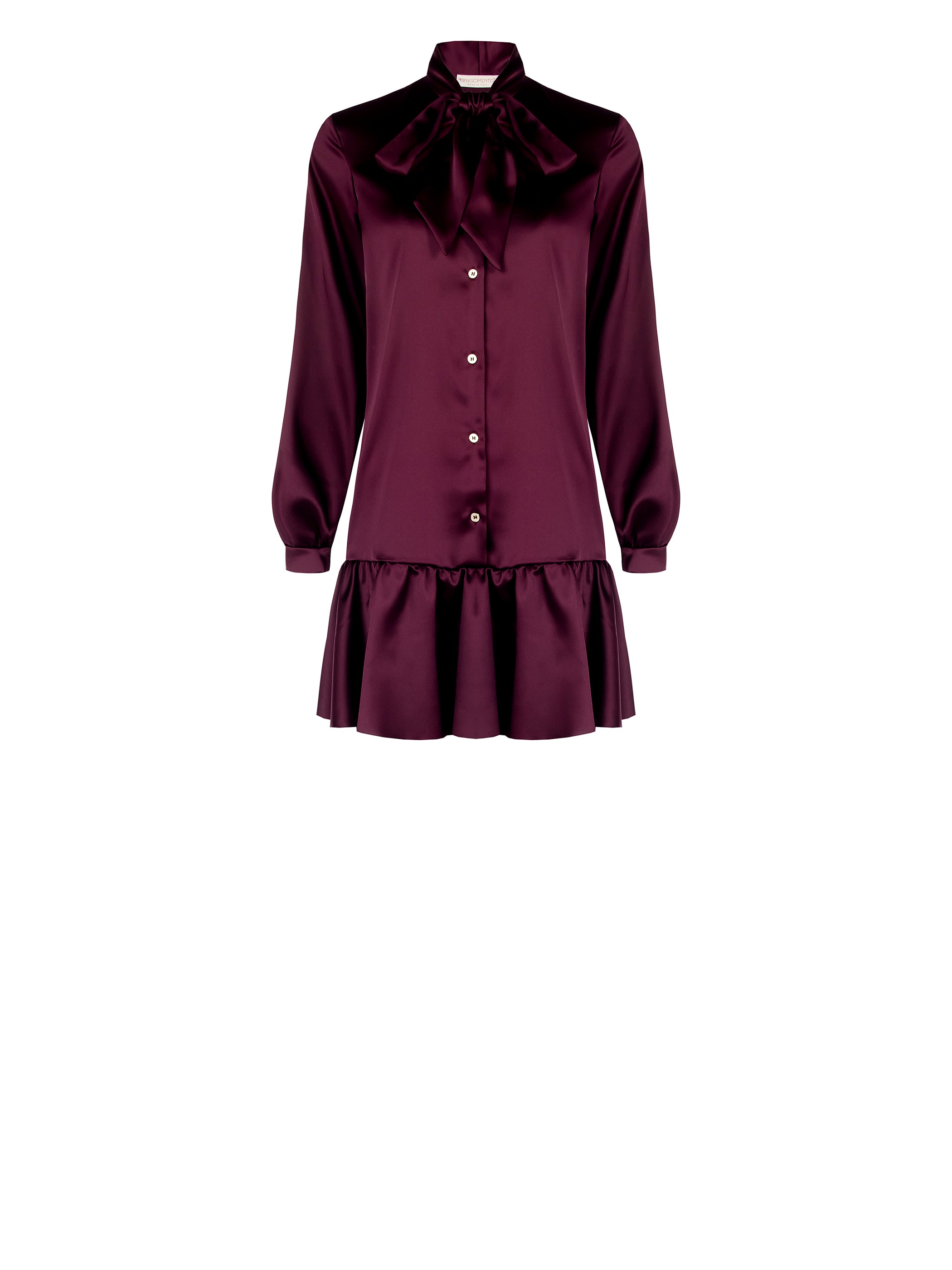 Burgundy Satin Shirt Dress with Bow