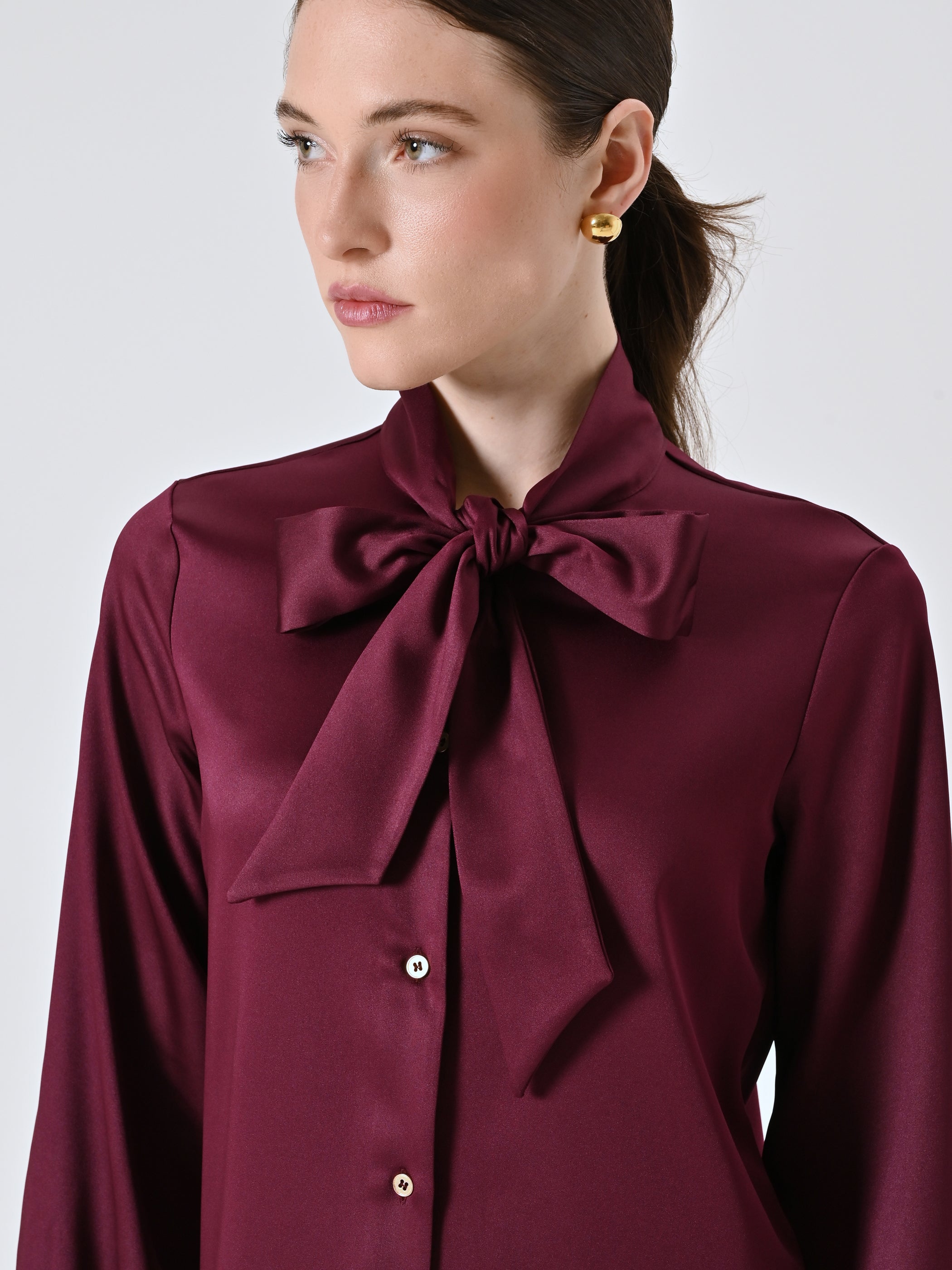 Burgundy Satin Shirt Dress with Bow
