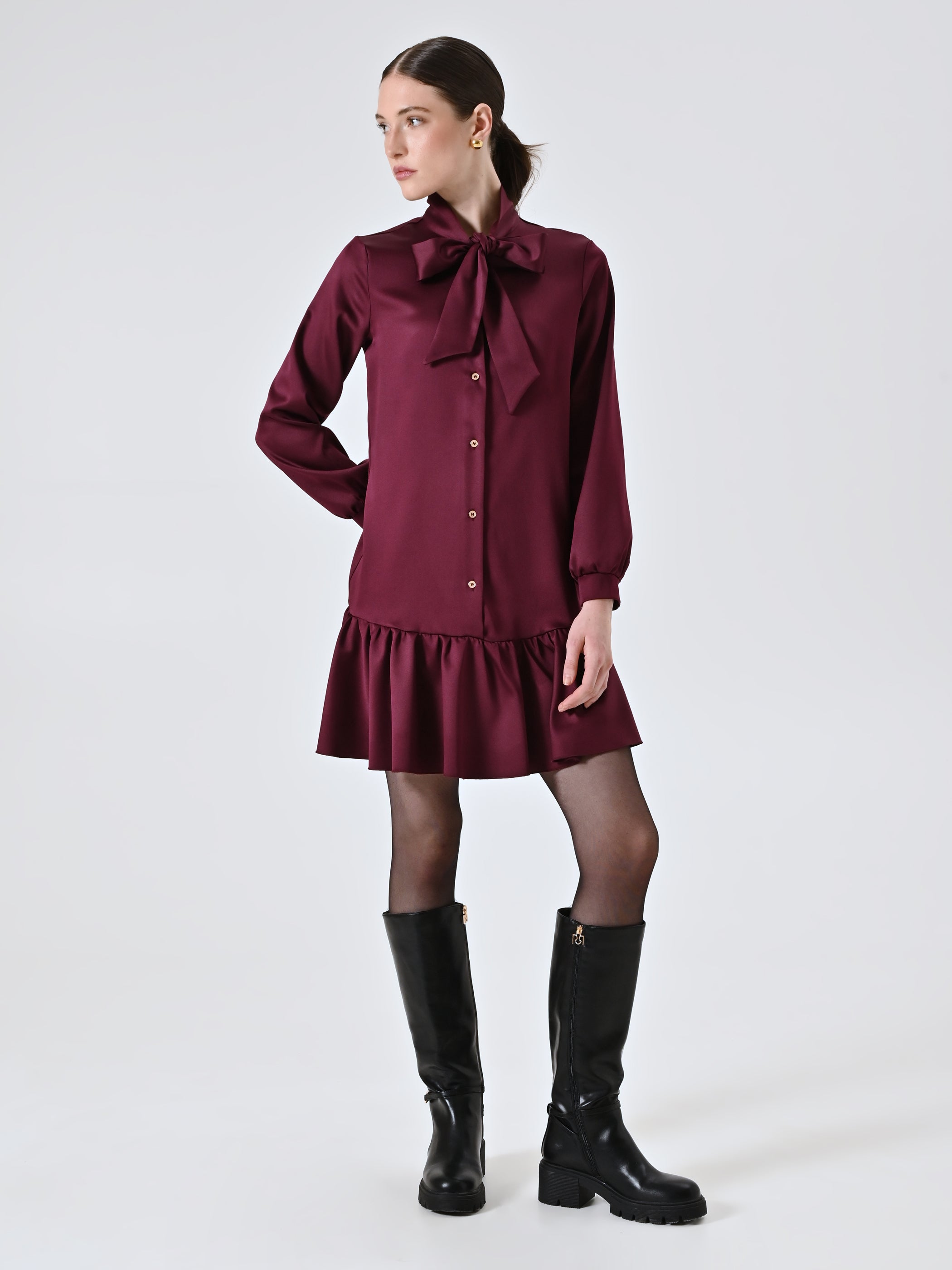 Burgundy Satin Shirt Dress with Bow