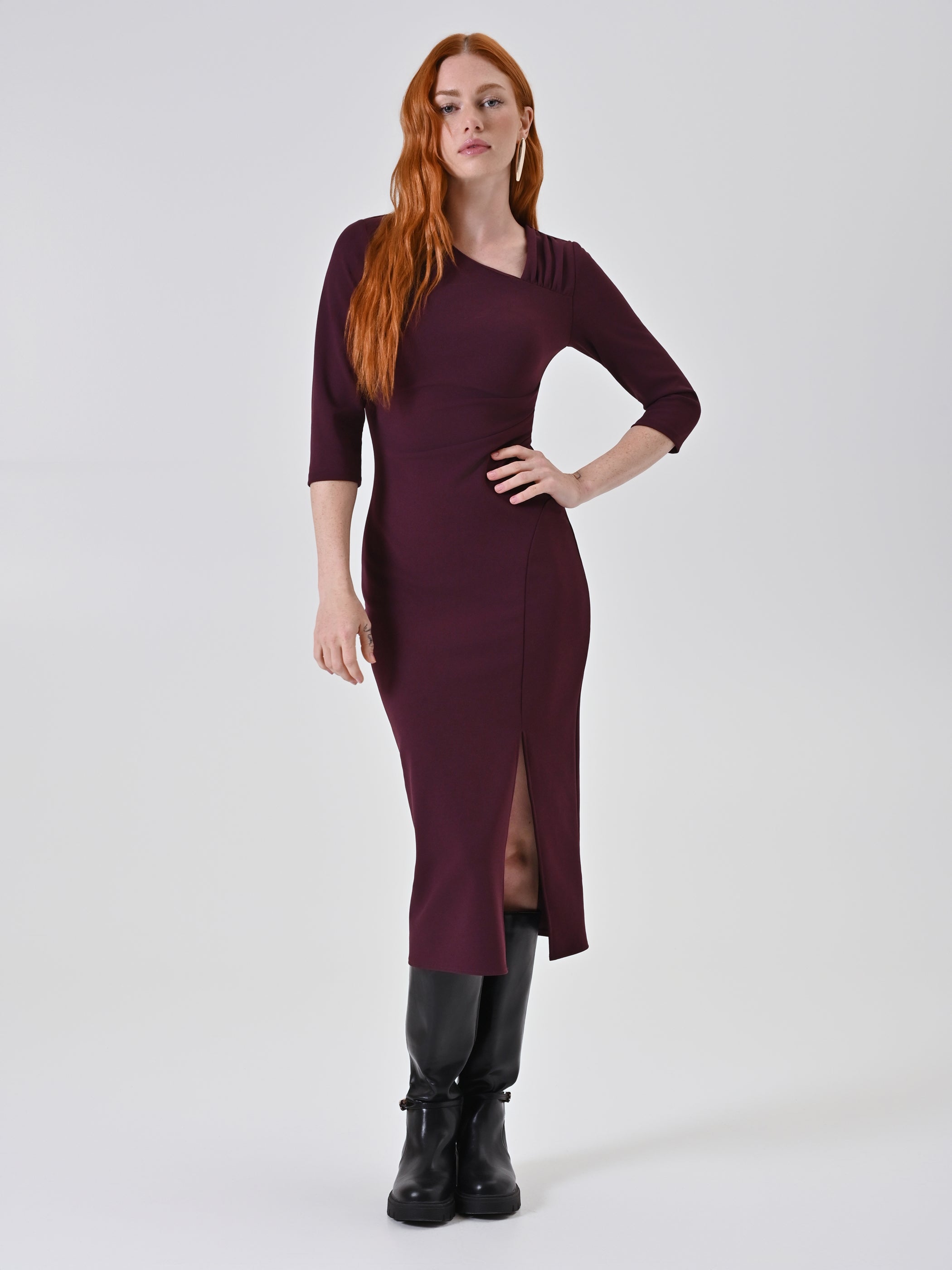 Robe fourreau midi bordeaux