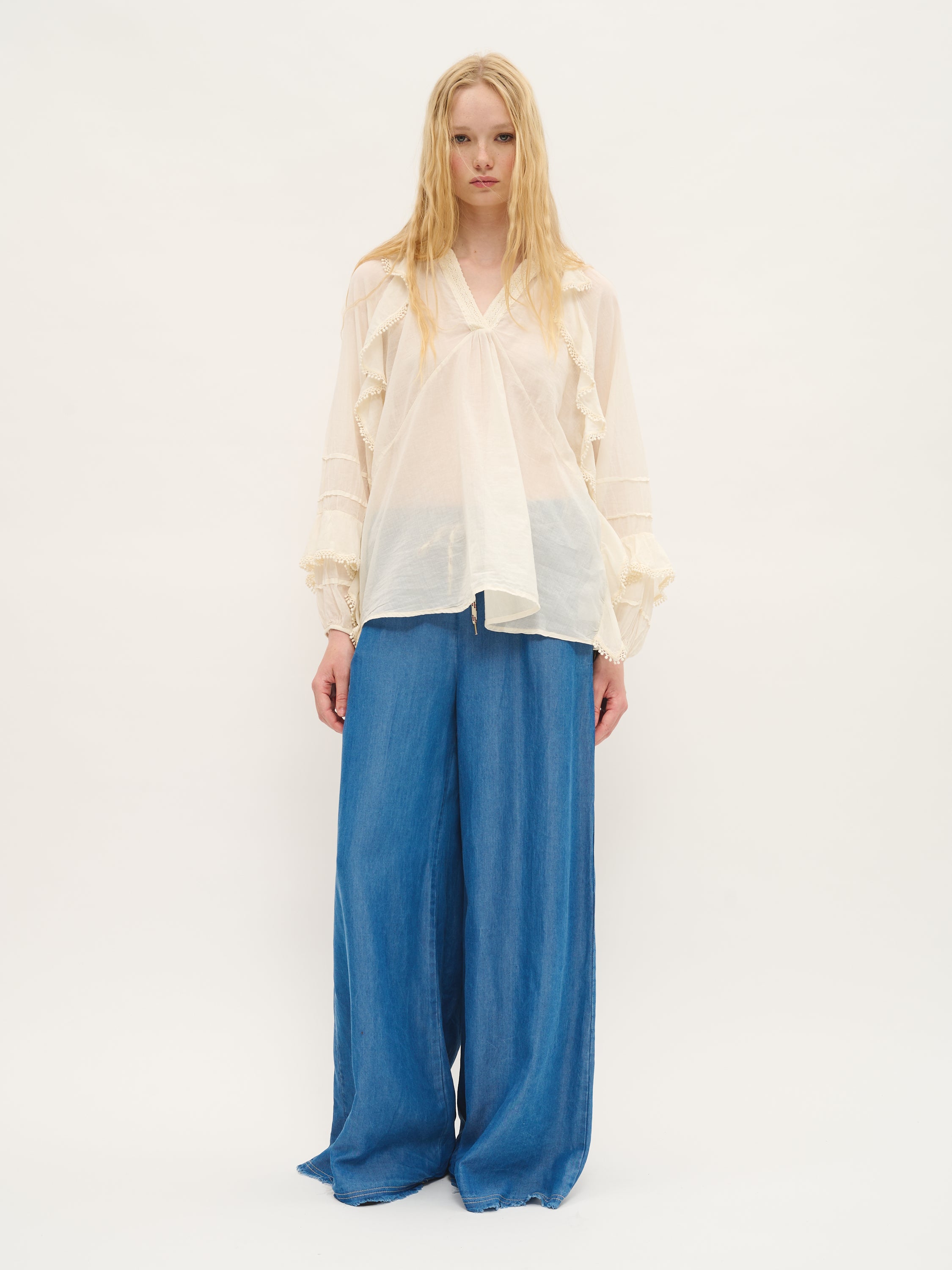 Cotton Voile Blouse with Crochet Trim Ruffles