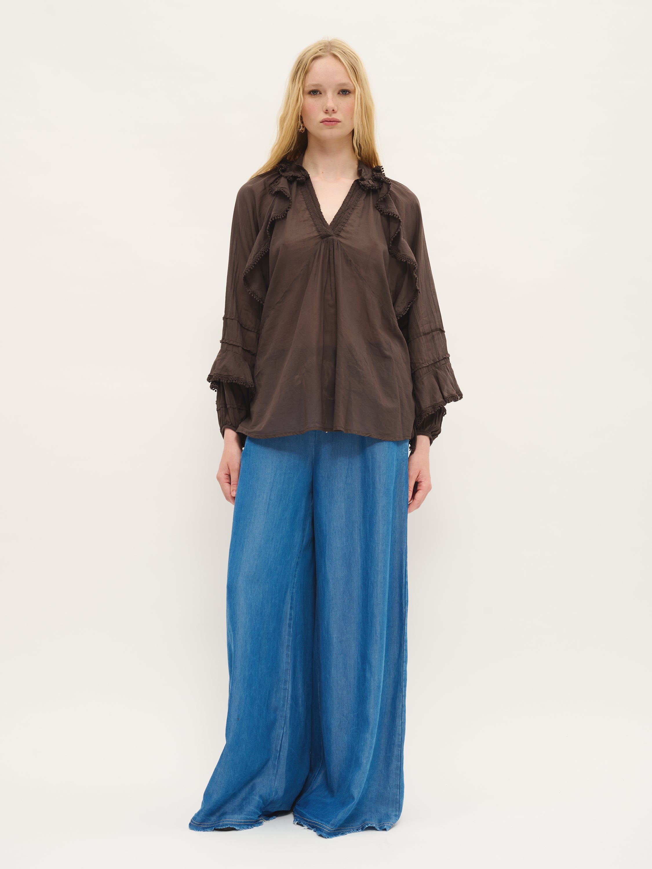 Cotton Voile Blouse with Crochet Trim Ruffles