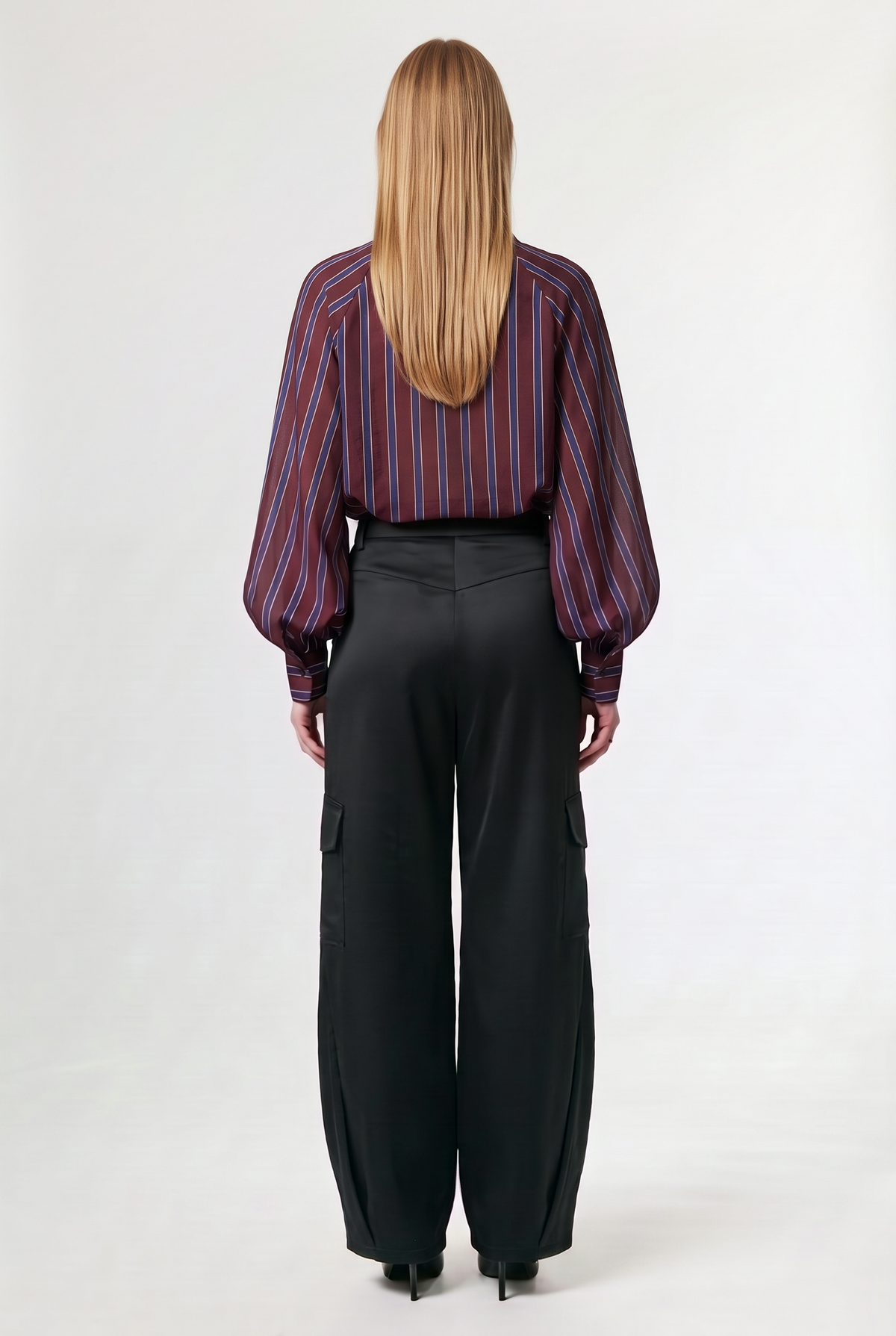 Oversized Striped Shirt - Burgundy - styled look, back view