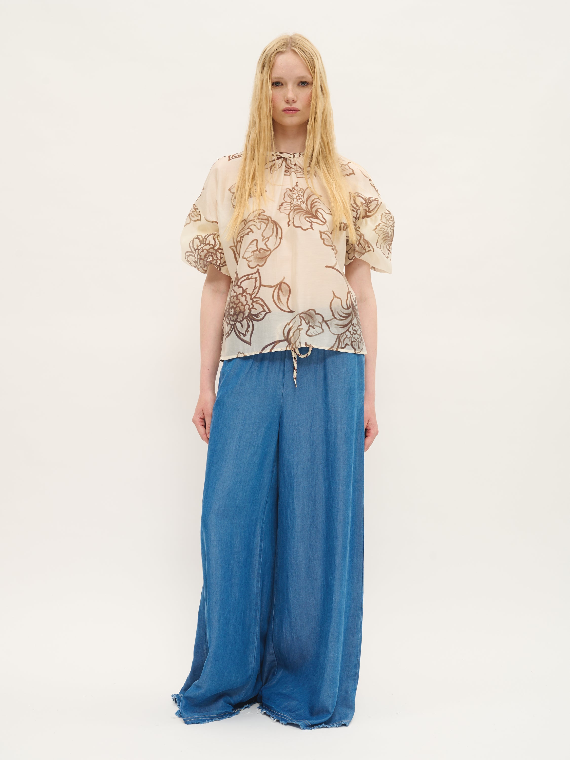 Printed Lyocell-Blend Blouse with Gathered Neckline
