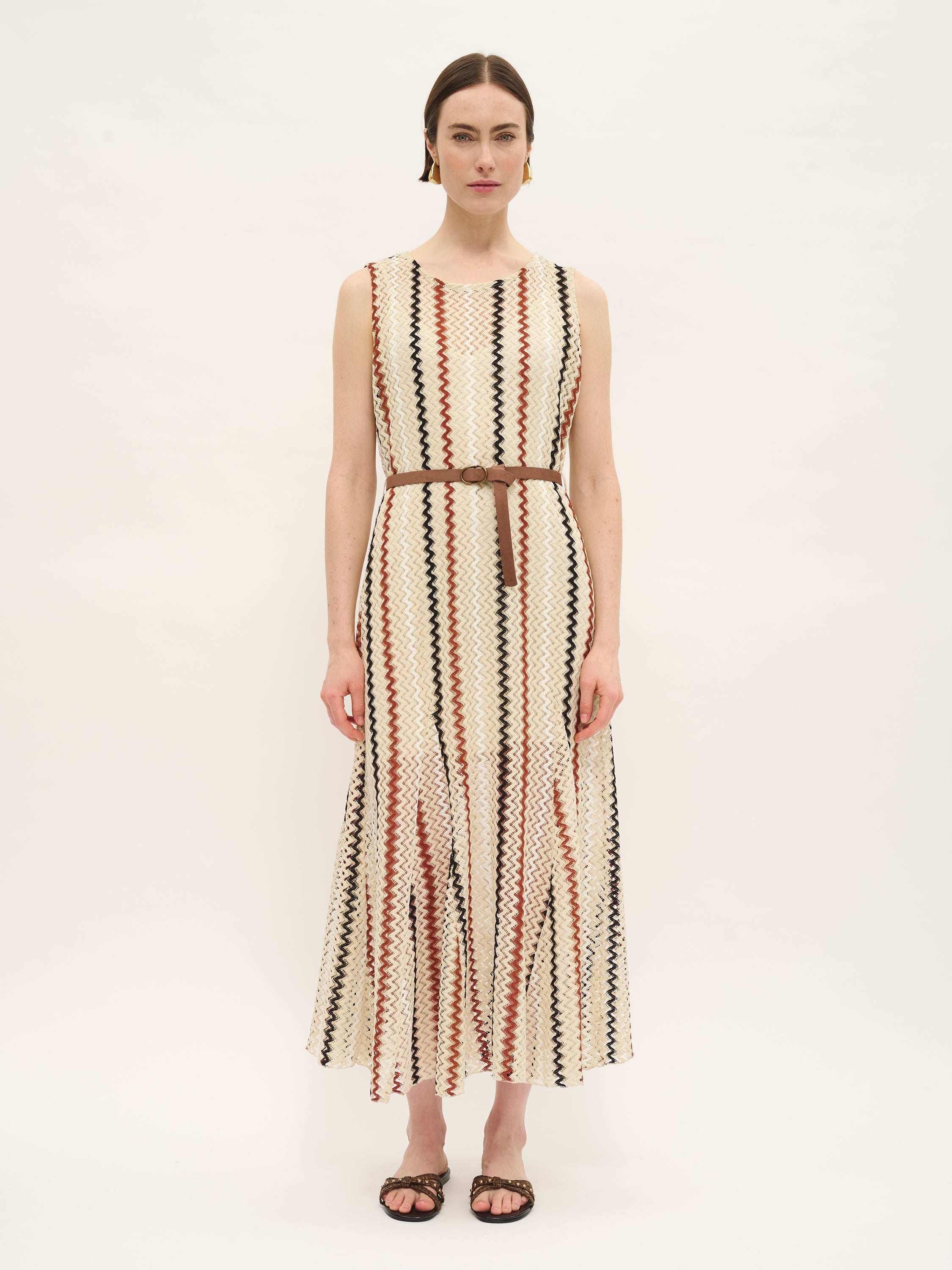 Zigzag Textured Knit Dress with Belt