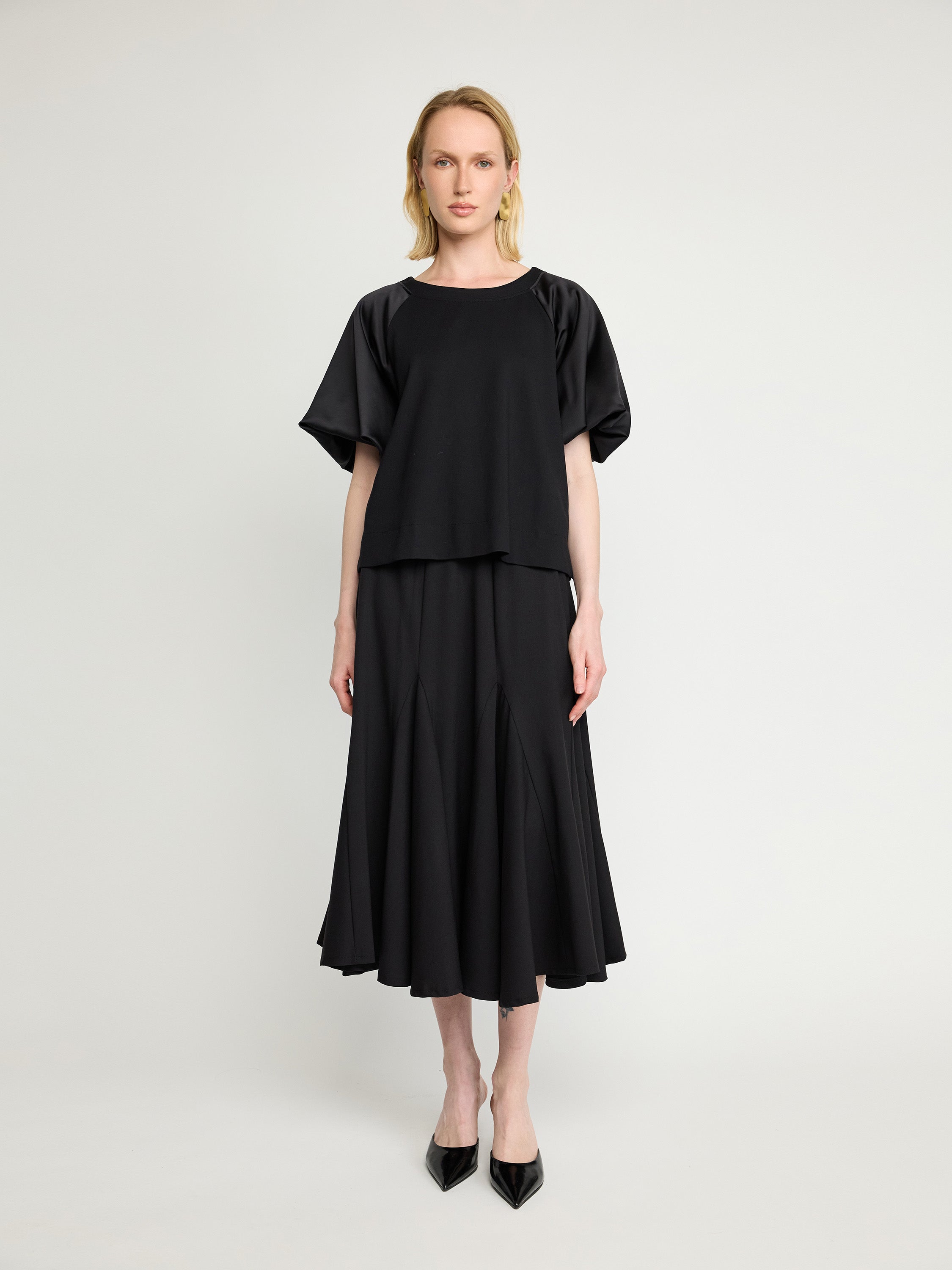 Viscose Blend Top with Satin Sleeve Detail