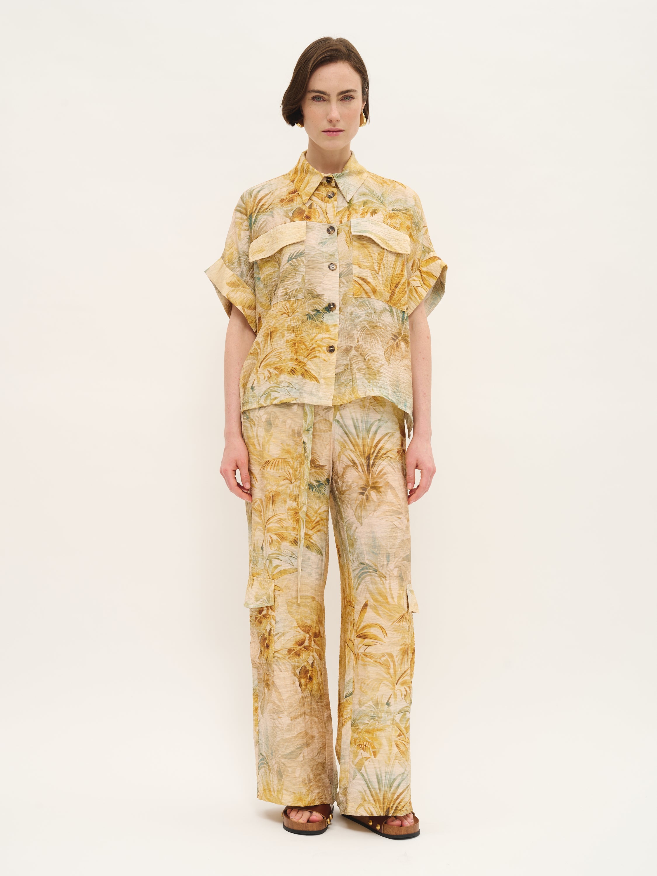 Tropical Print Boxy Blouse with Patch Pockets