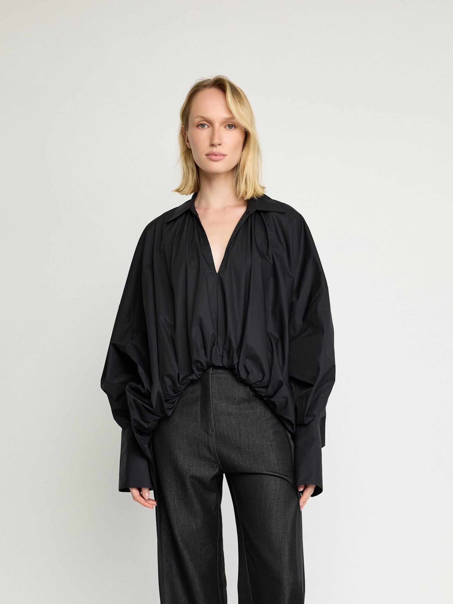 Oversized Cotton Blouse with Gathered Hem