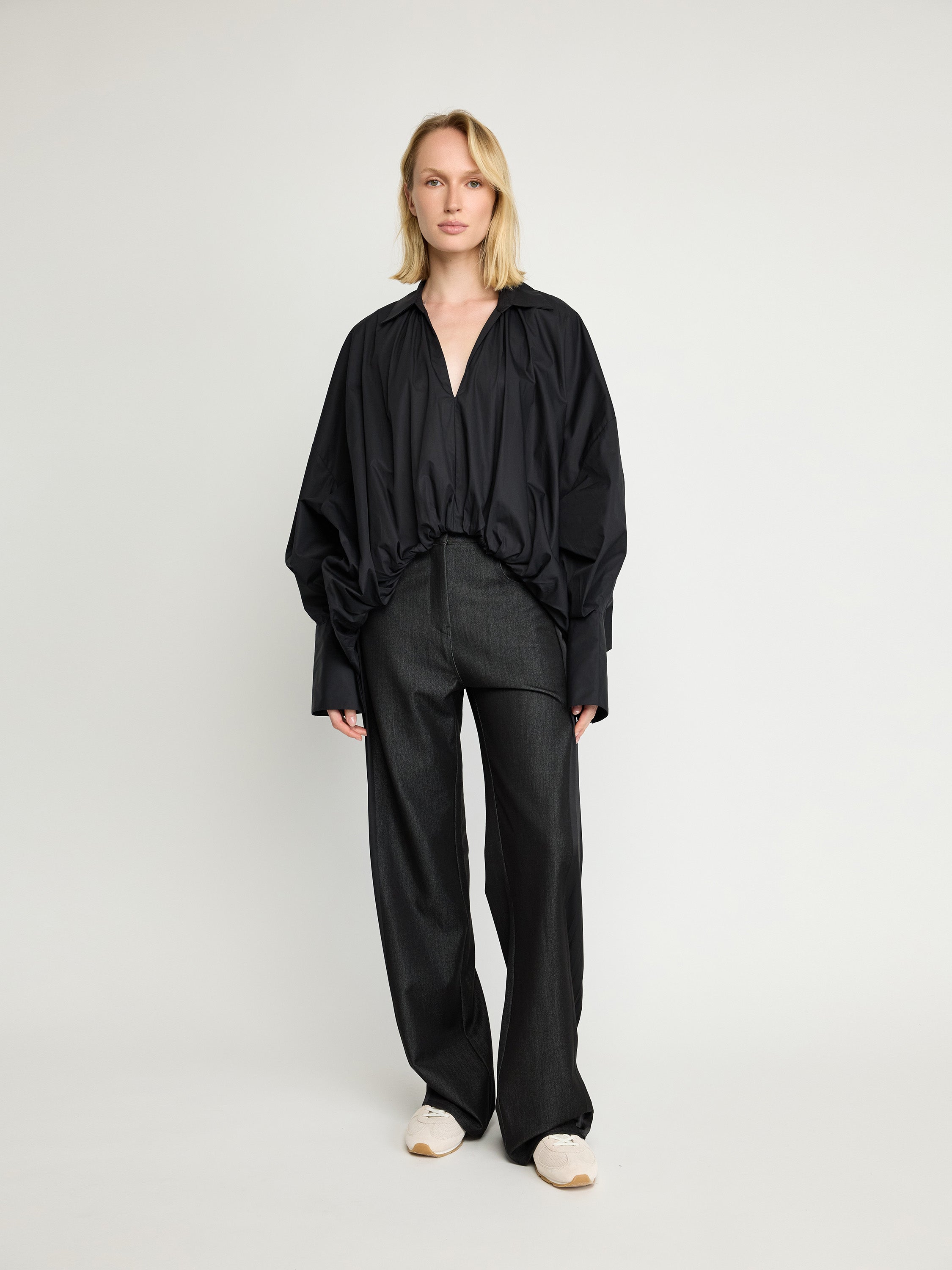 Oversized Cotton Blouse with Gathered Hem