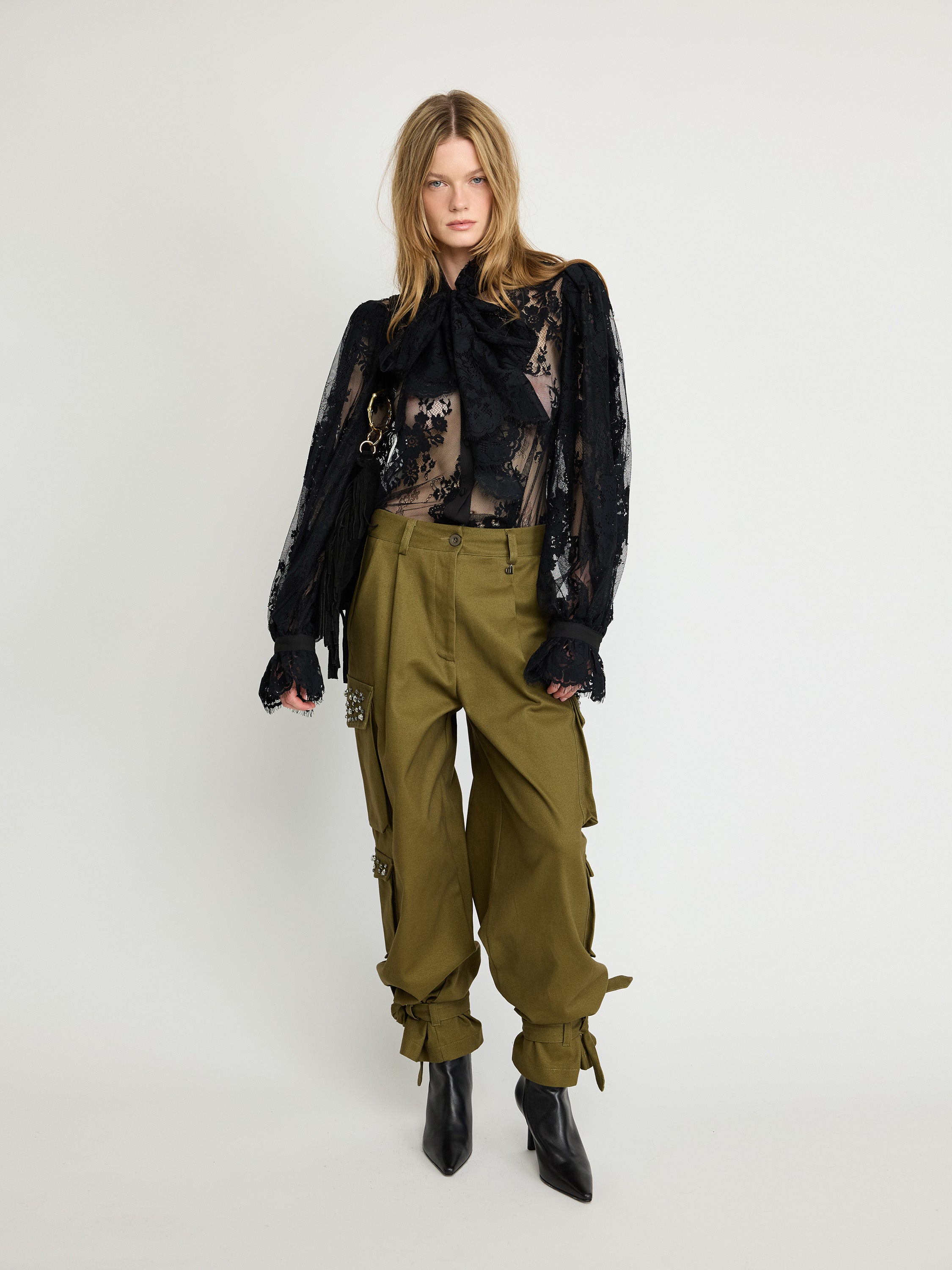 Sheer Lace Blouse with Tie Neck