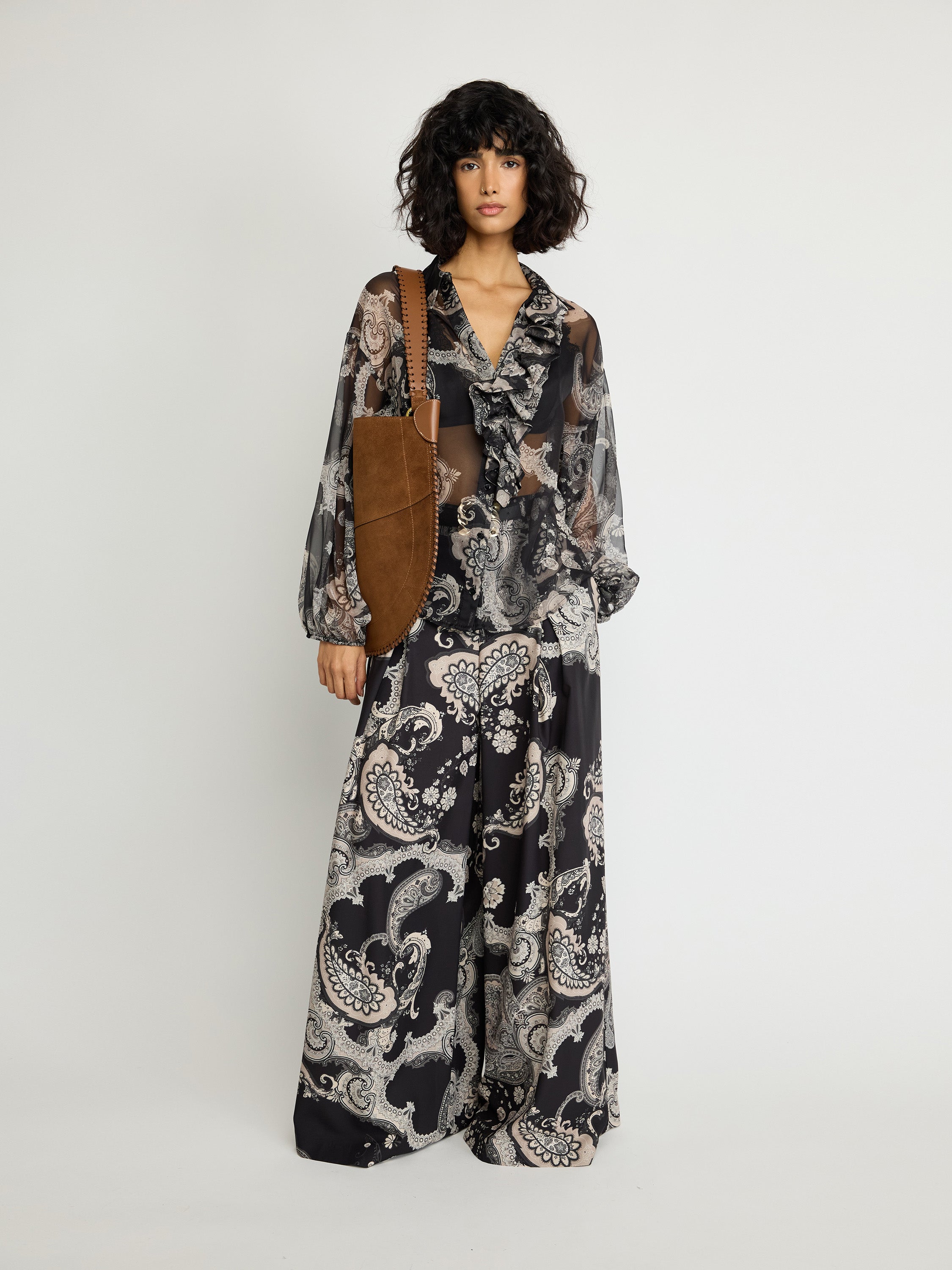 Paisley Print Wide-Leg Trousers with Chain Belt