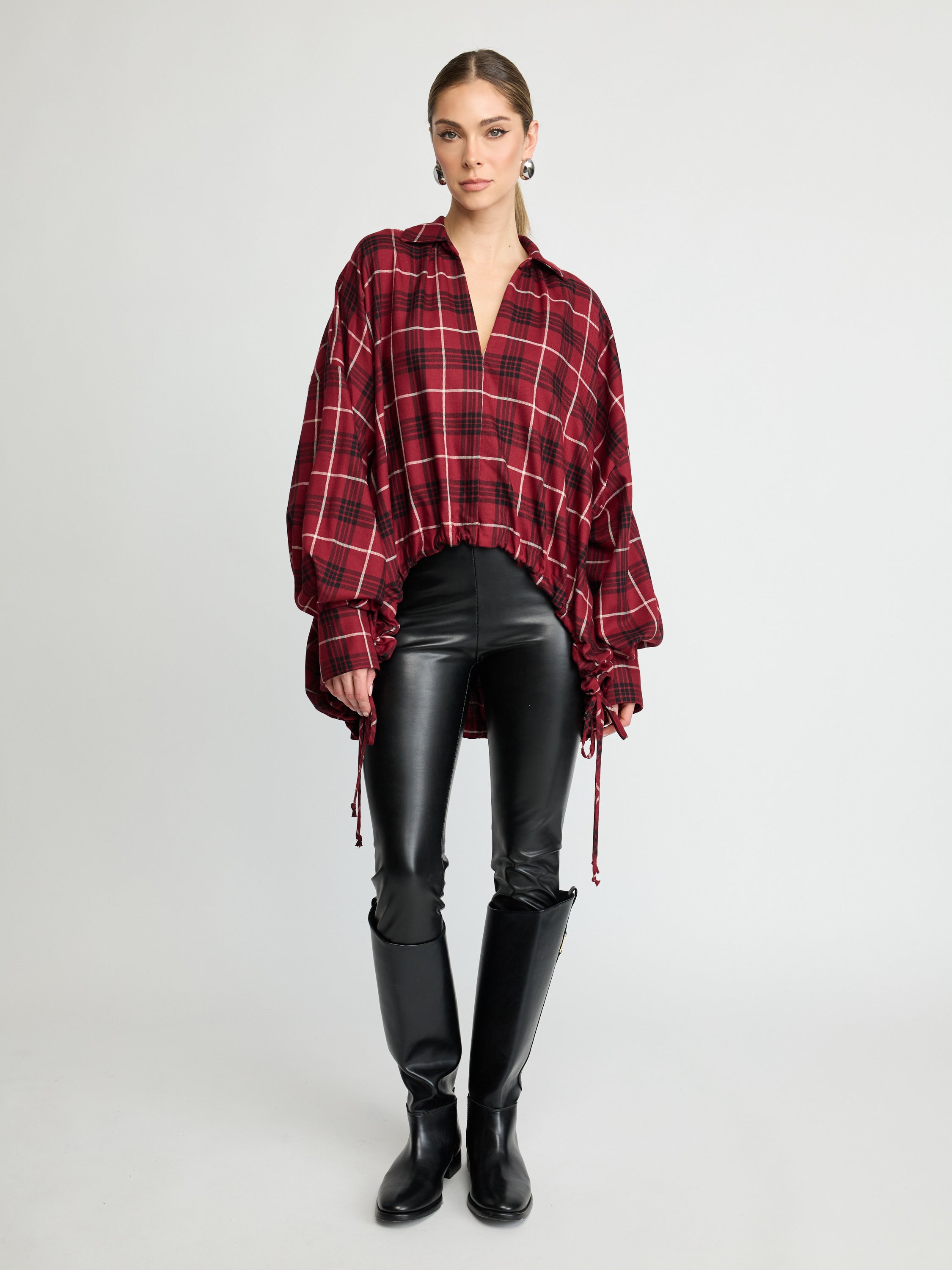 Drawstring Plaid Shirt