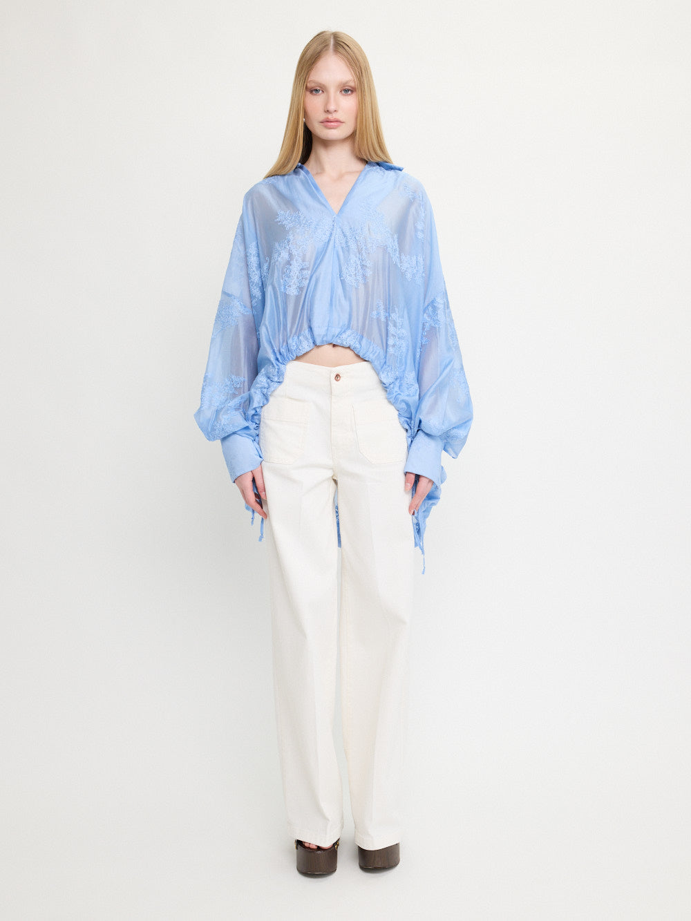 Floral Embroidery Blouse Blue