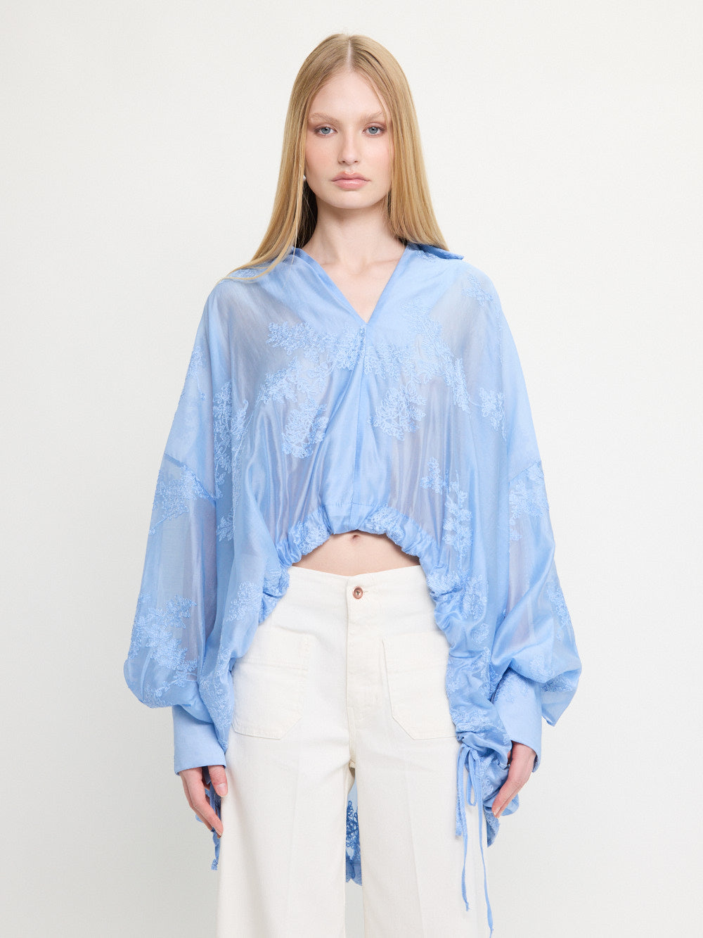 Floral Embroidery Blouse Blue