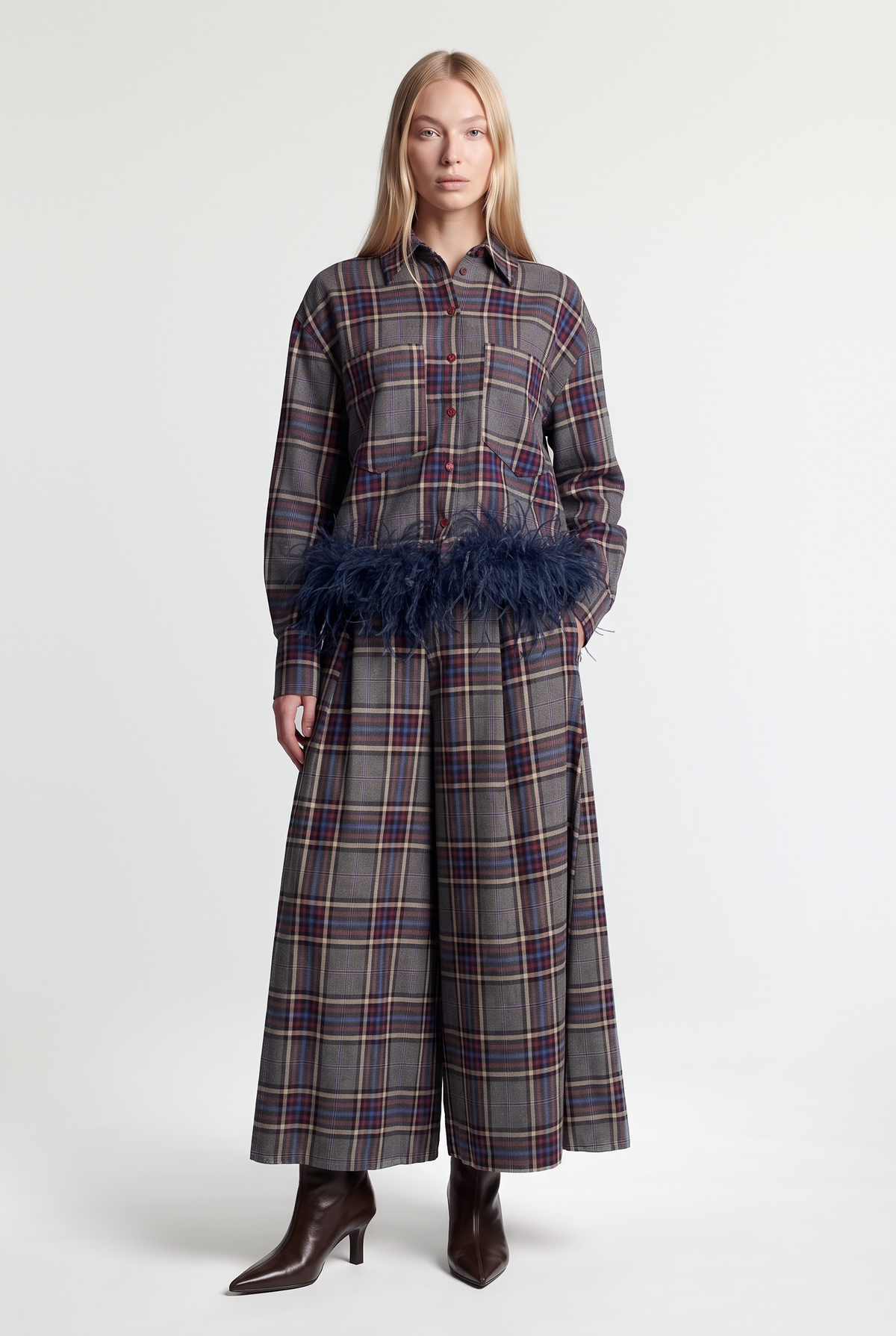 Feather-Trim Plaid Shirt - Multi - front view