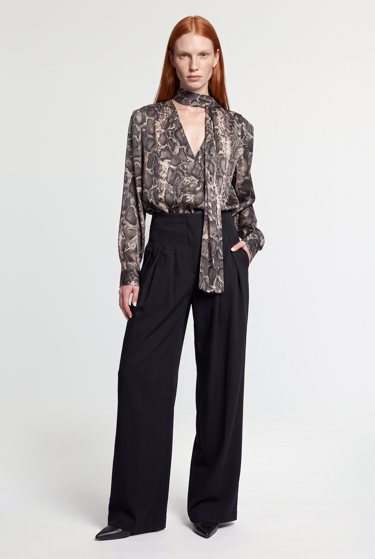 Snake-Print Satin Tie-Neck Blouse - Beige/Black - front view