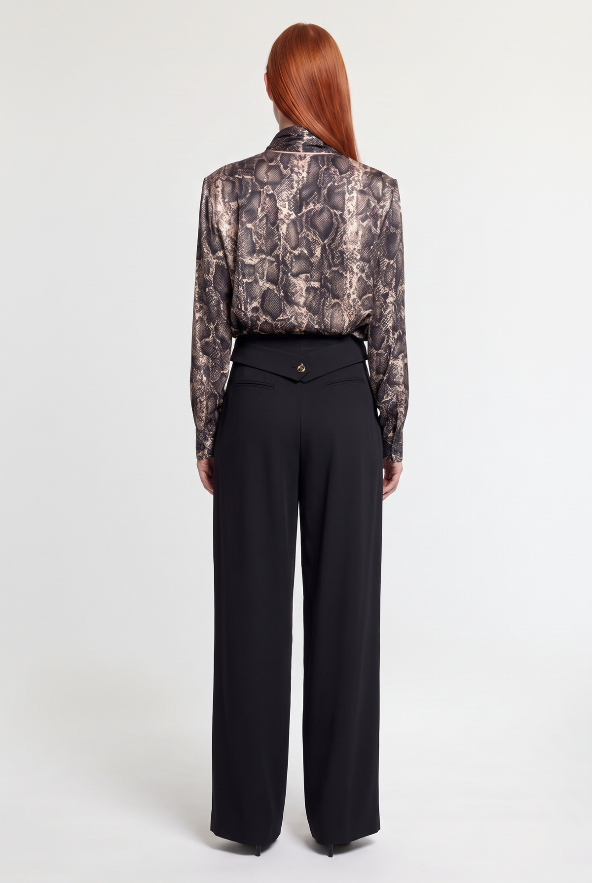 Snake-Print Satin Tie-Neck Blouse - Beige/Black - back view