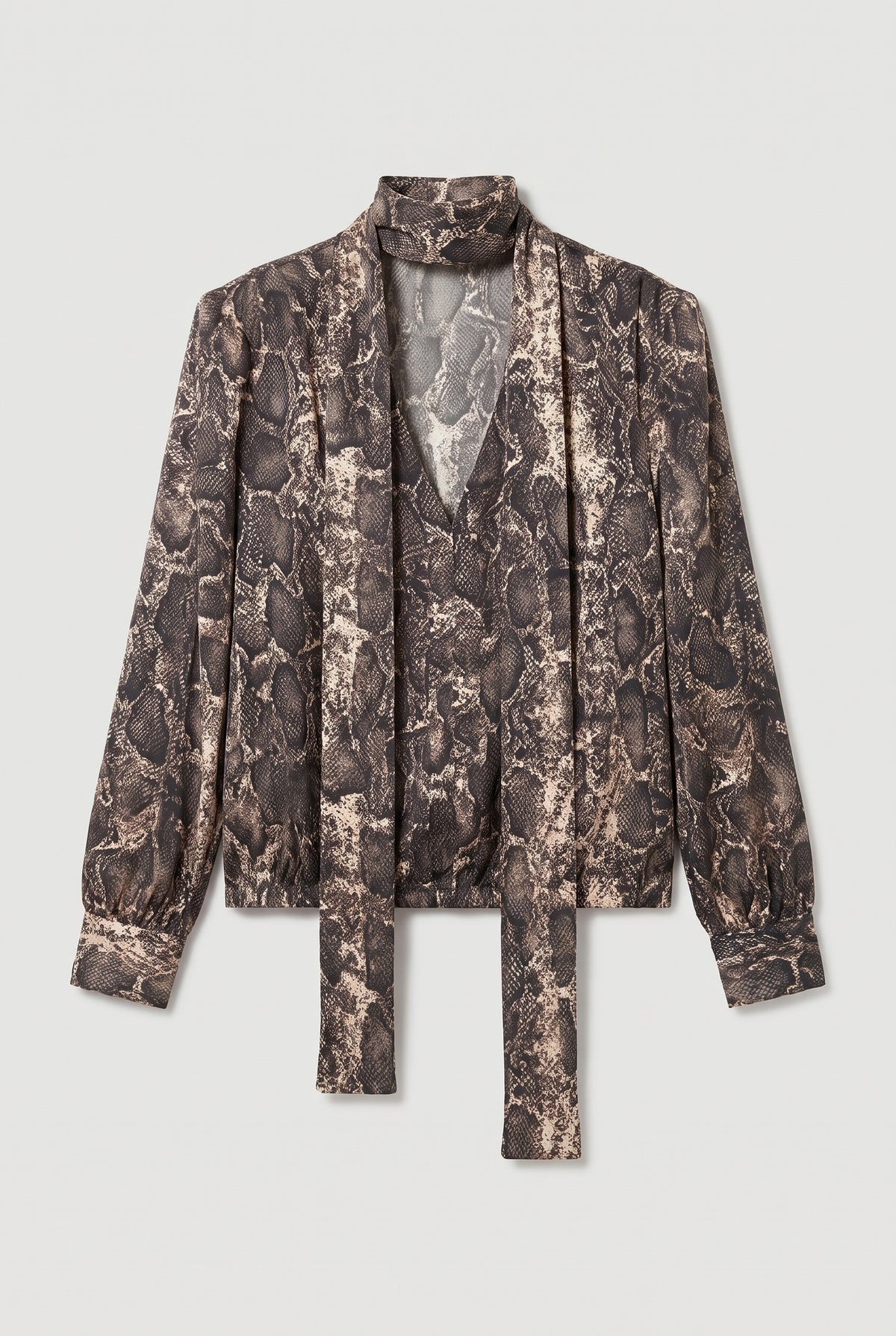 Snake-Print Satin Tie-Neck Blouse - Beige/Black - flat lay