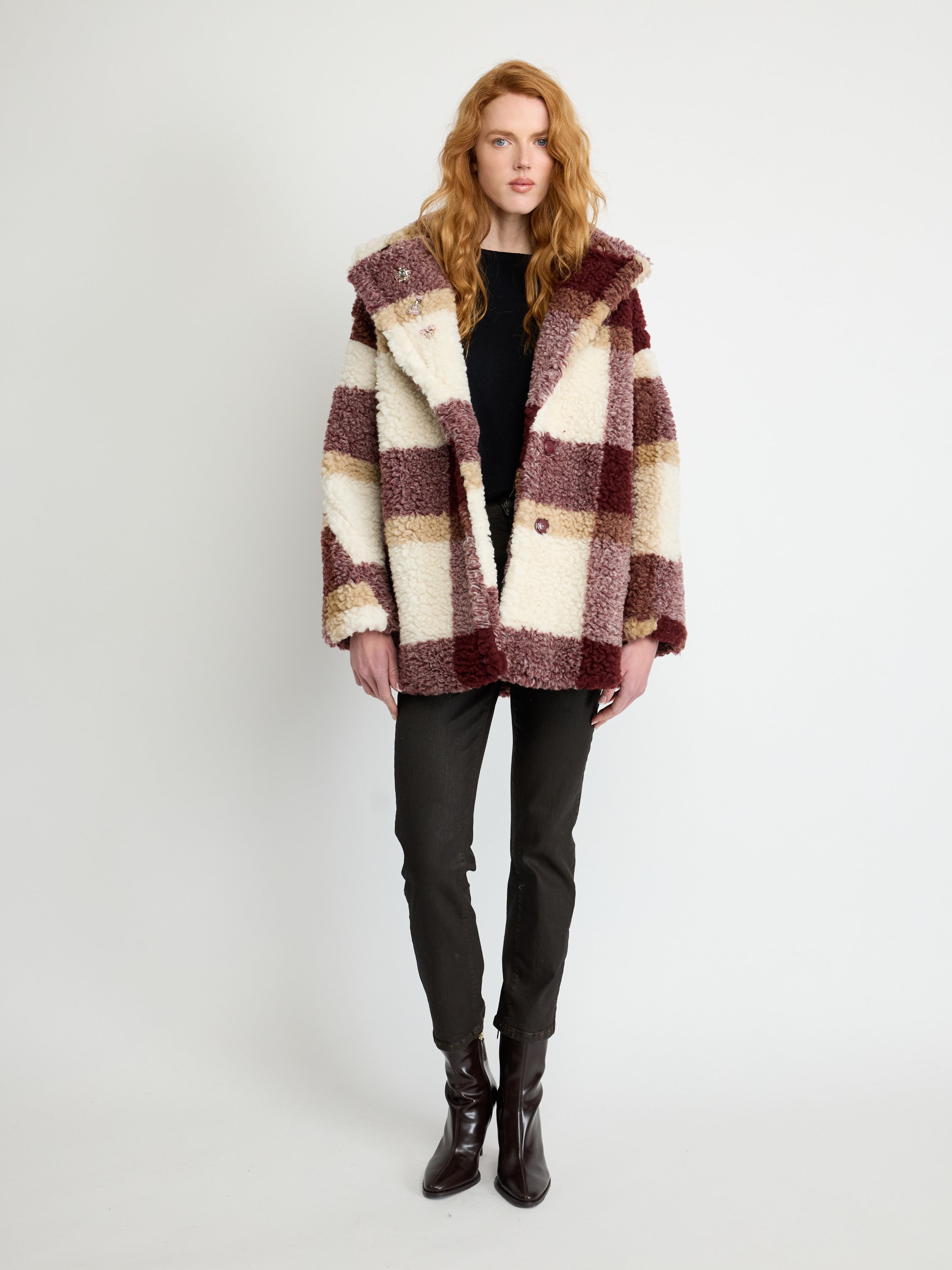 Checked Faux Shearling Coat