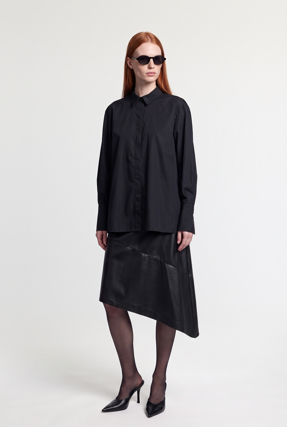 Cotton Button-Up Shirt - Black - front view