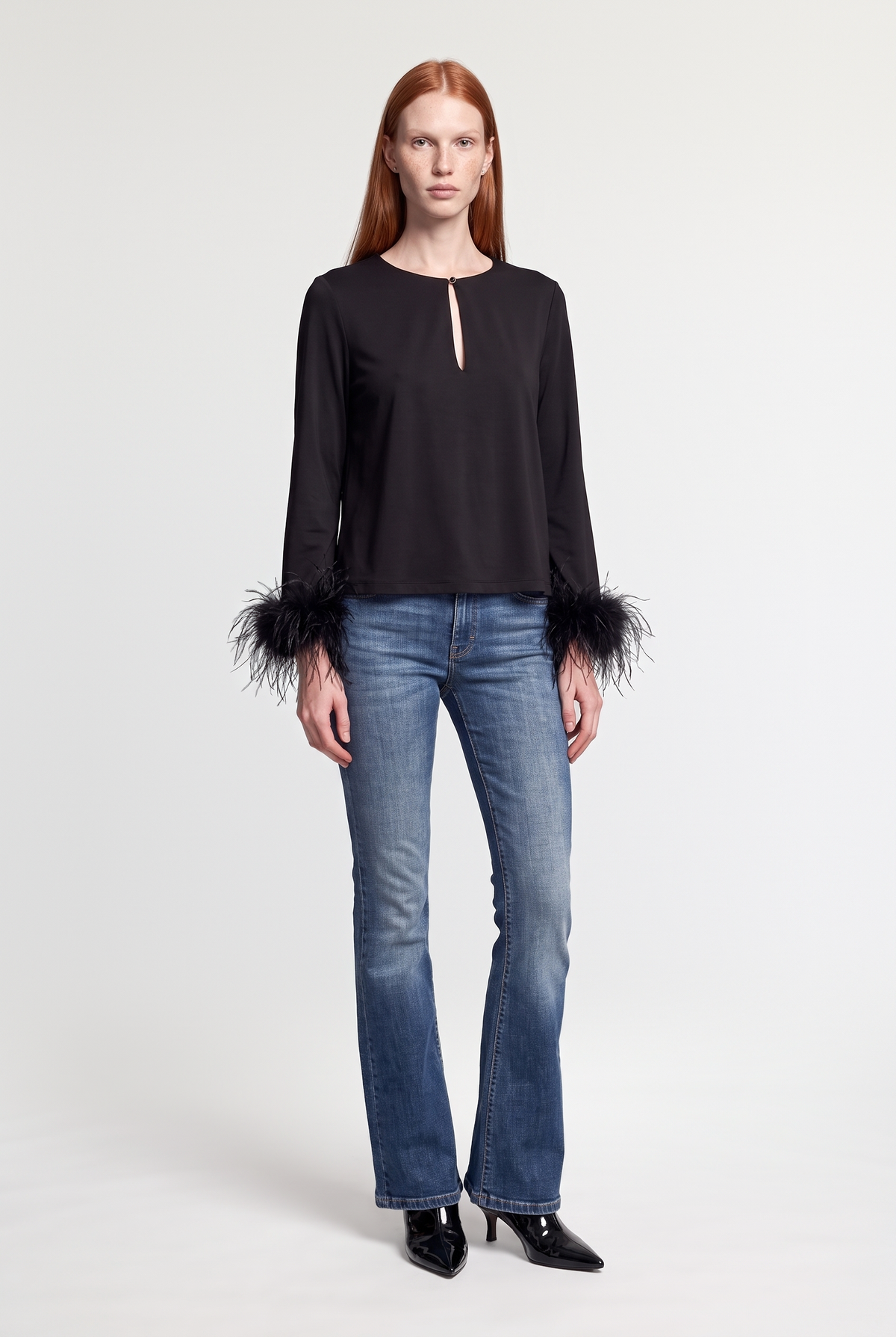 Feather-Cuff long Sleeve Top - Black - front view