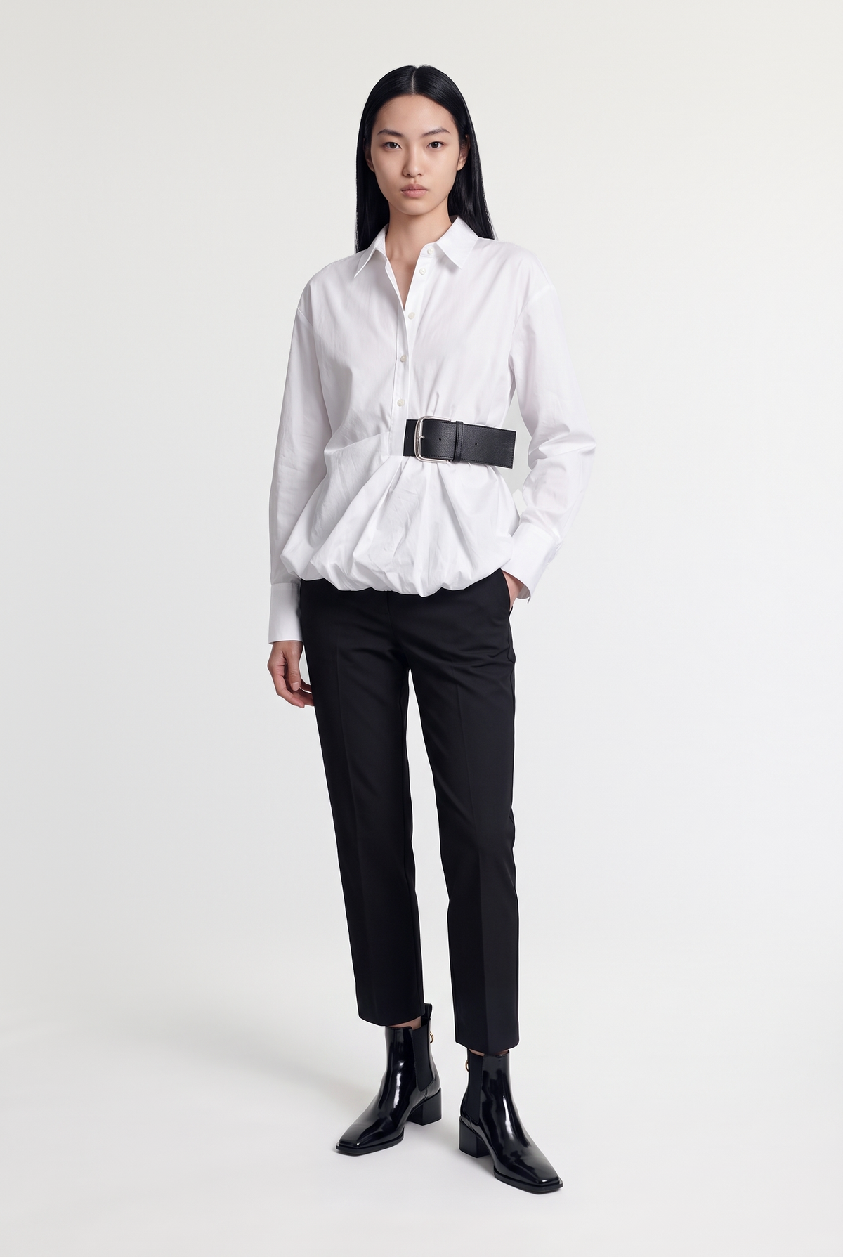 Oversized Shirt with Belt - White - front view