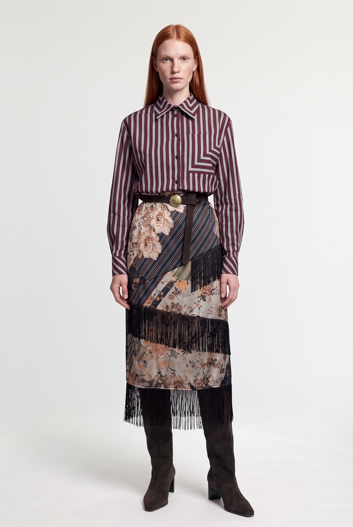 Striped Button-Up Shirt - Burgundy - front view