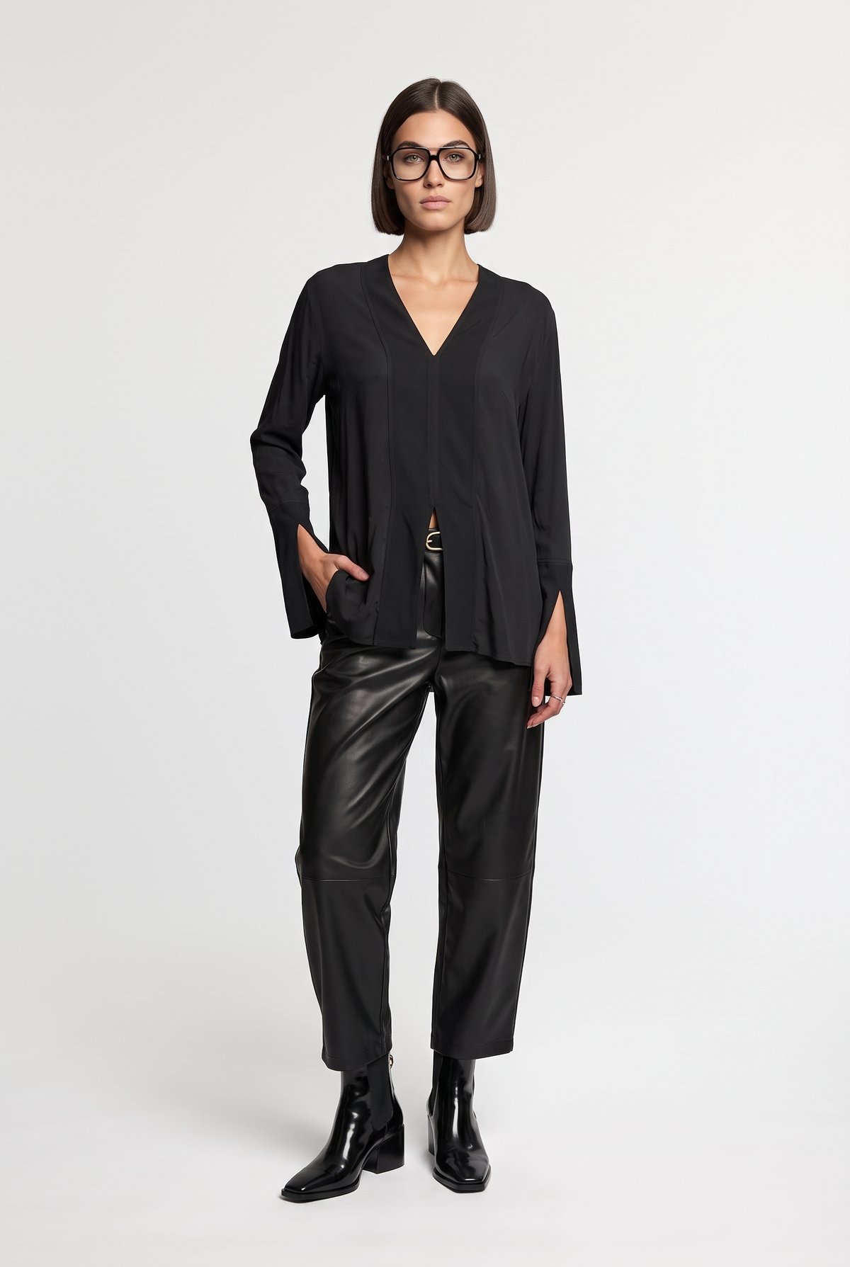 V-Neck Split-Sleeve Blouse - Black - front view