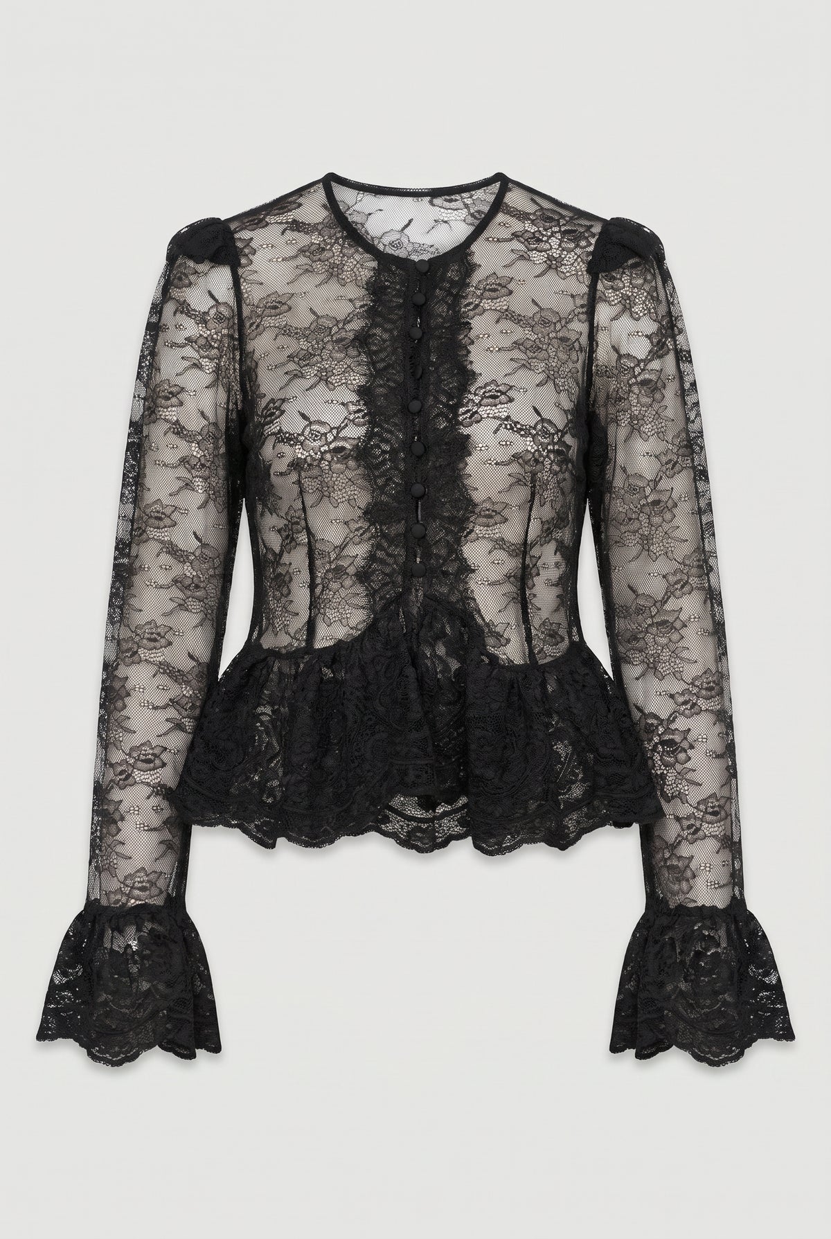 Sheer Lace Peplum Blouse - Black - flat lay