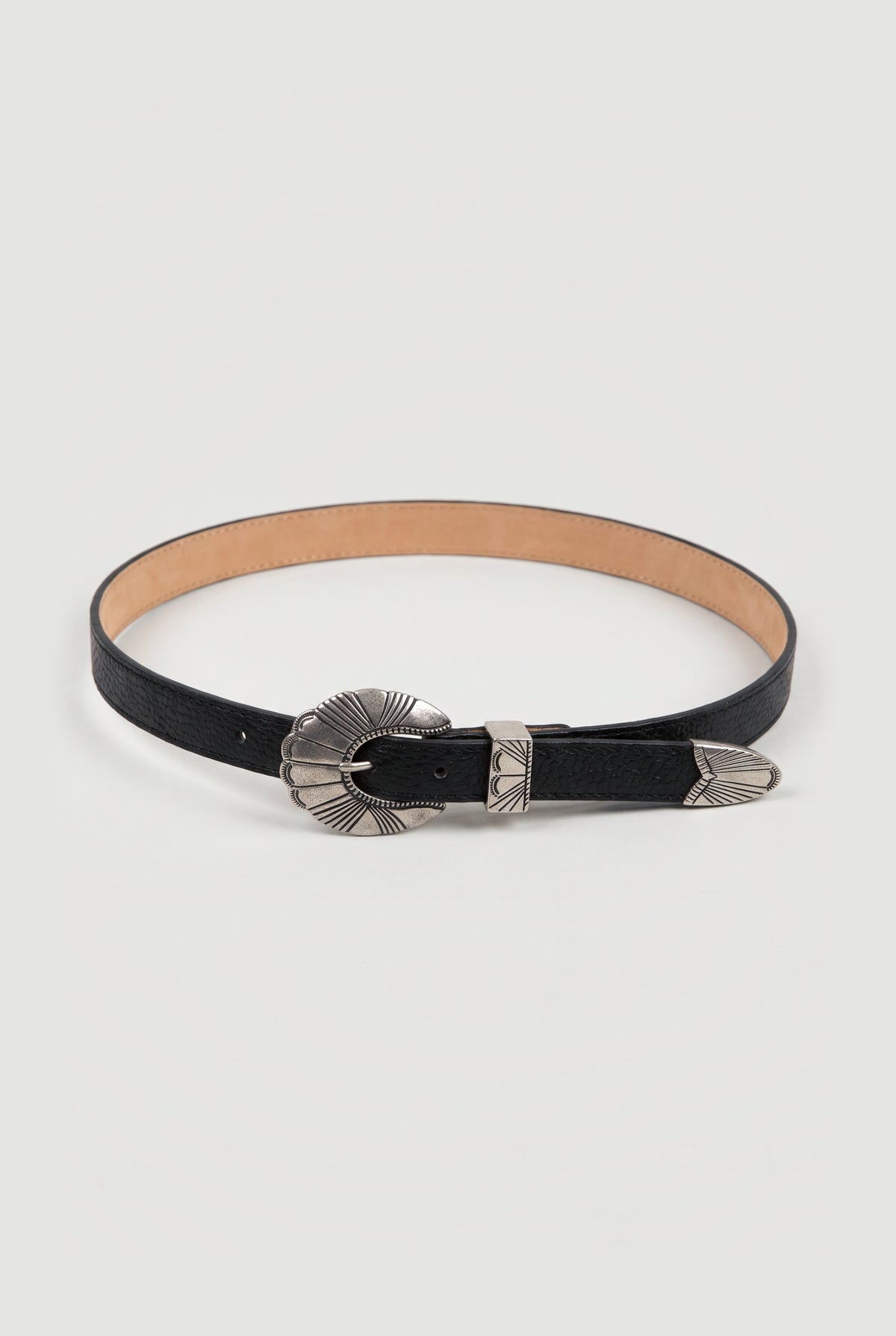Western Engraved-Buckle Skinny Belt - Black - flat lay