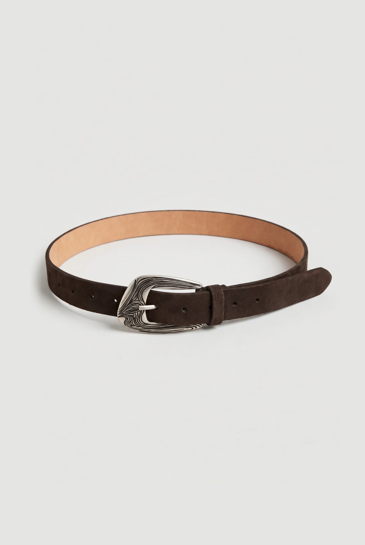 Swirl-Engraved Western Suede Belt - Brown - flat lay