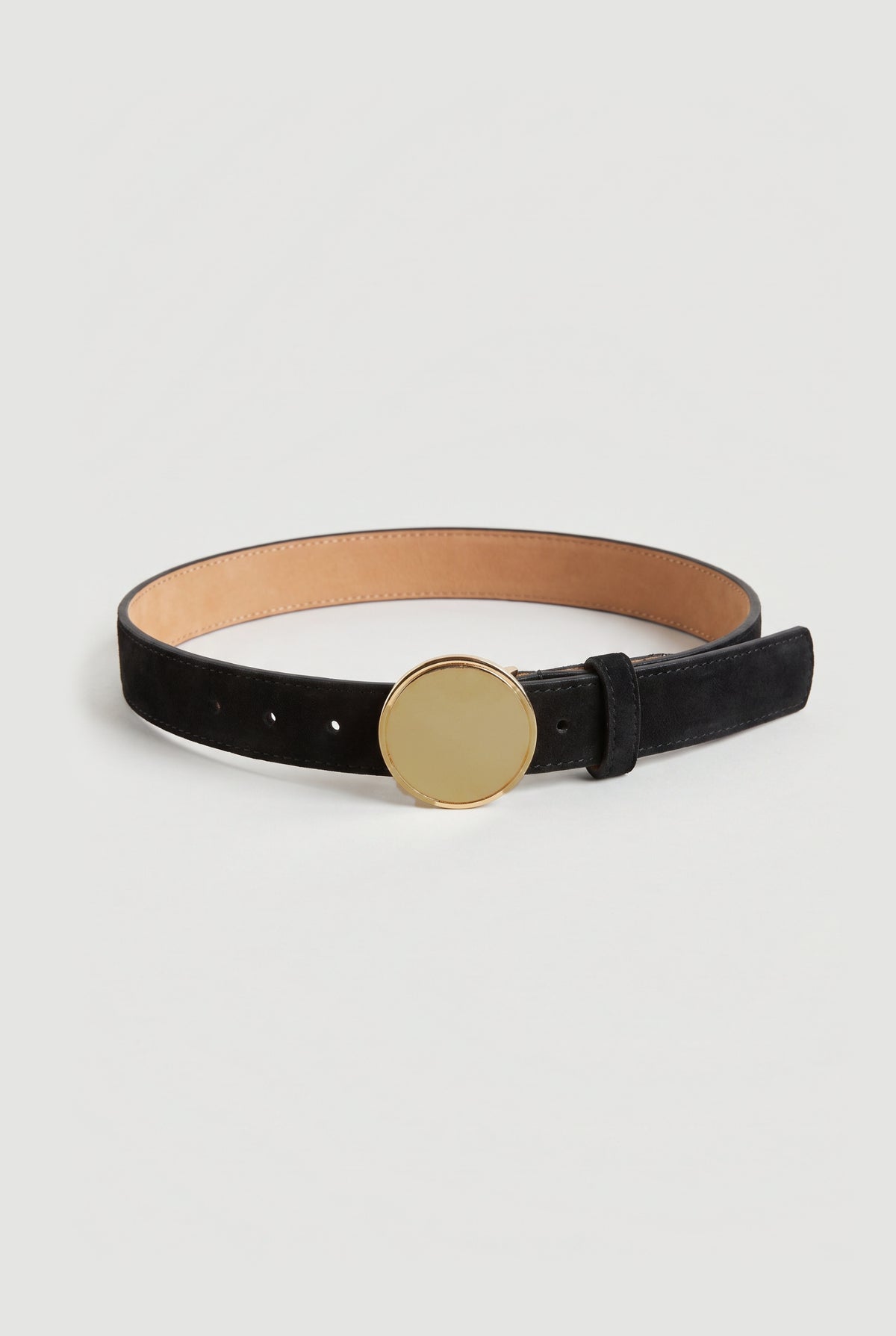 Disc-Buckle Suede Skinny Belt - Black - flat lay