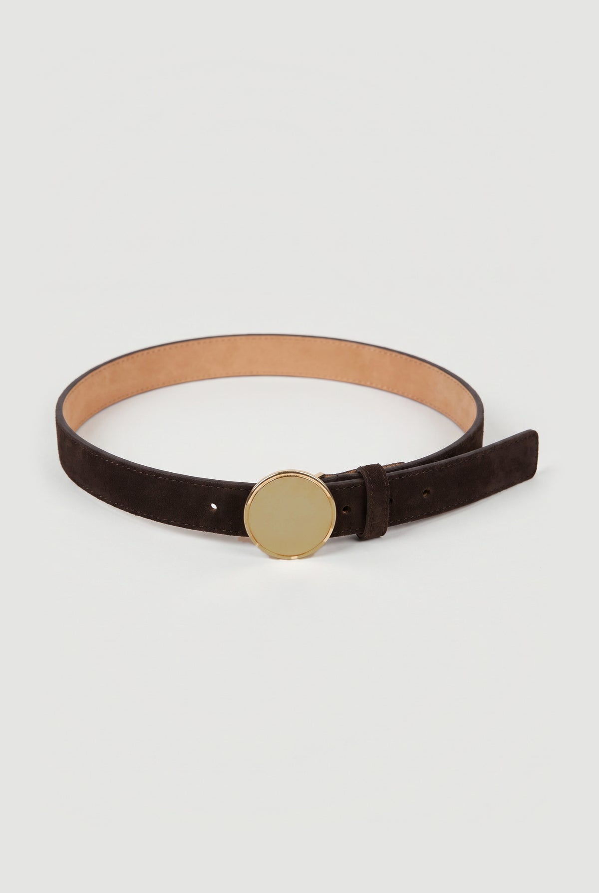 Disc-Buckle Suede Skinny Belt - Brown - flat lay