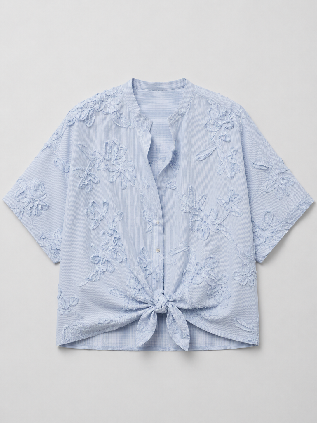 Light Blue Embroidered Tie-Front Blouse