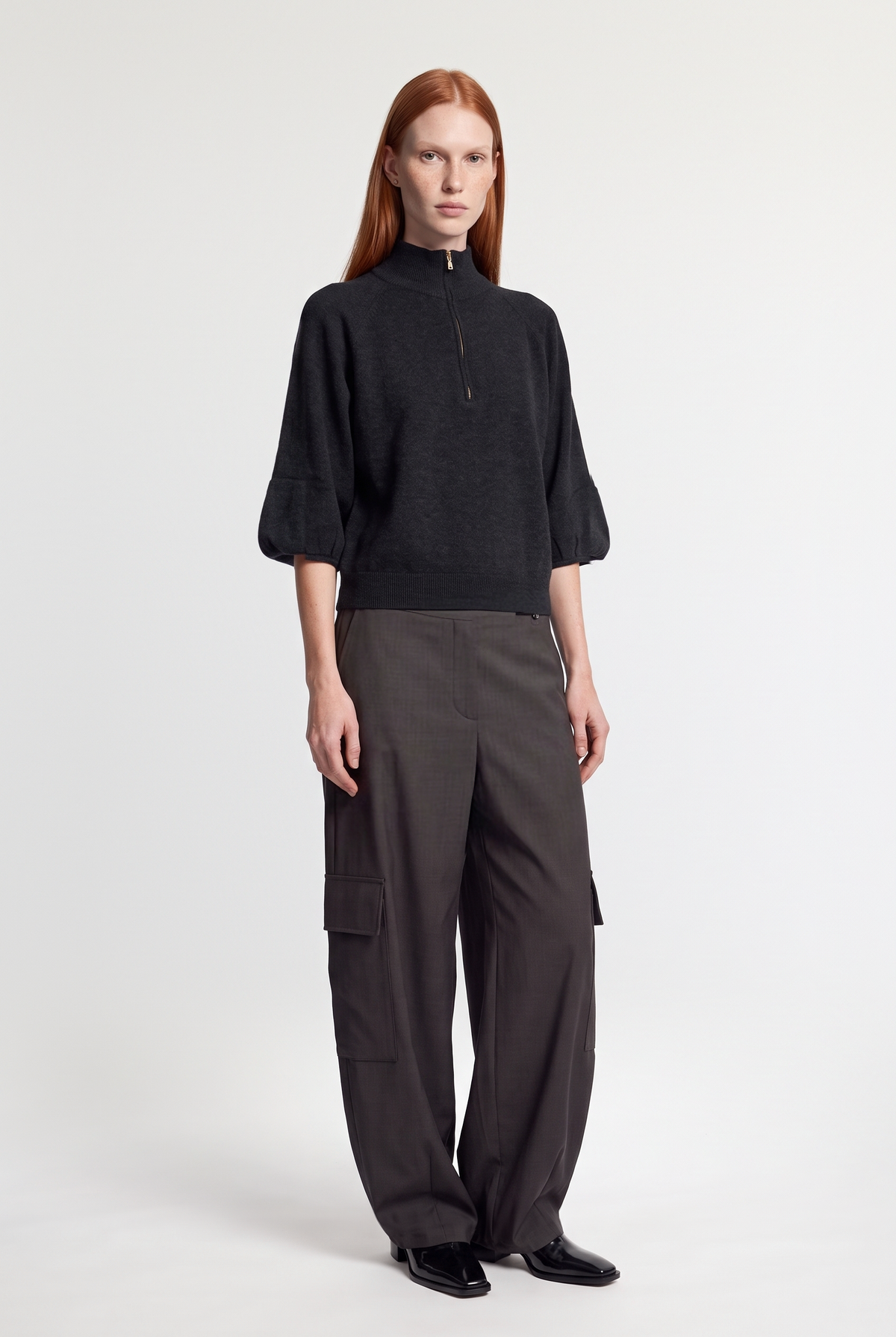 Charcoal zip mock-neck knit - Grey - front view