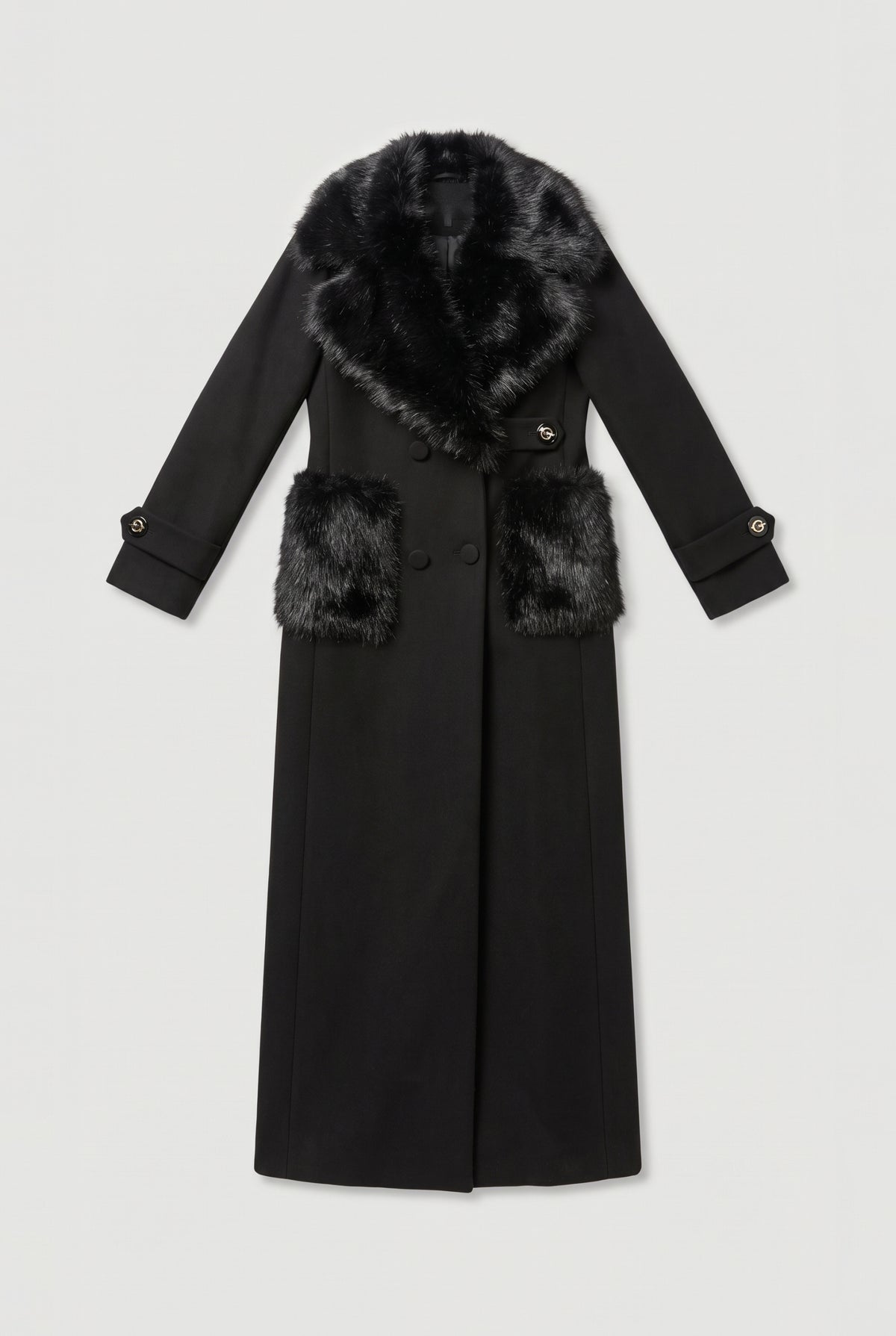 Faux-Fur-Trim Long Coat - Black - flat lay
