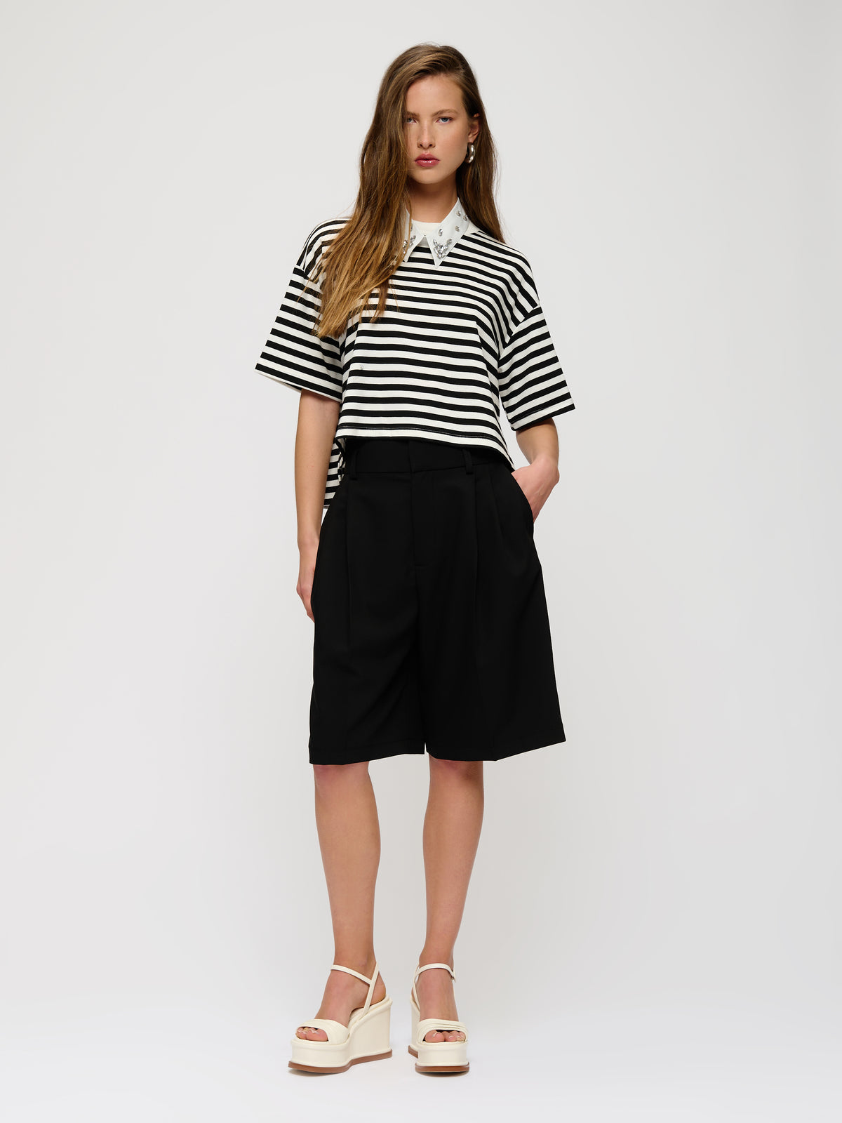 Striped T-shirt with Embellished Removable Collar
