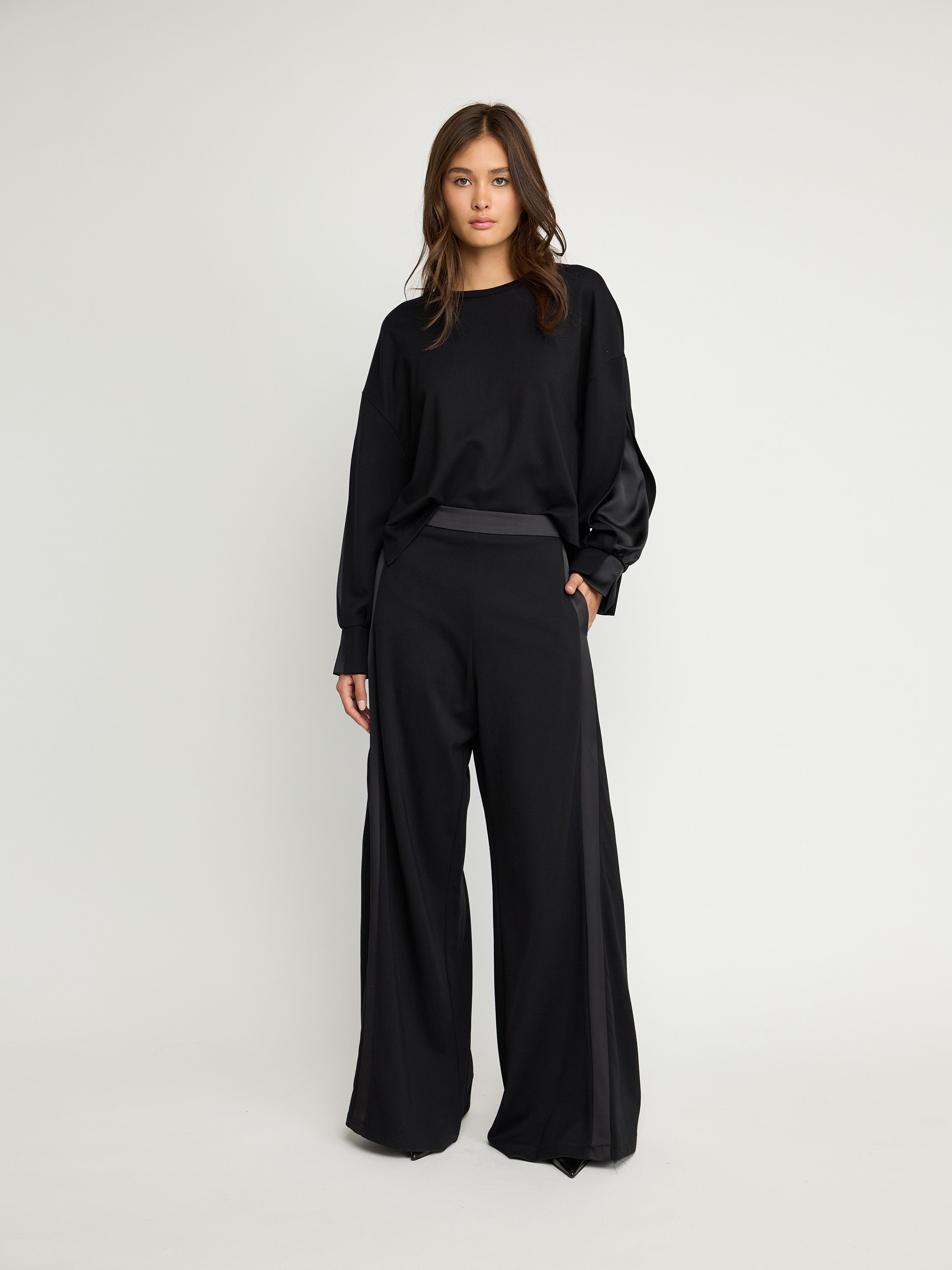 Tailored Wide-Leg Pants with Satin Detail