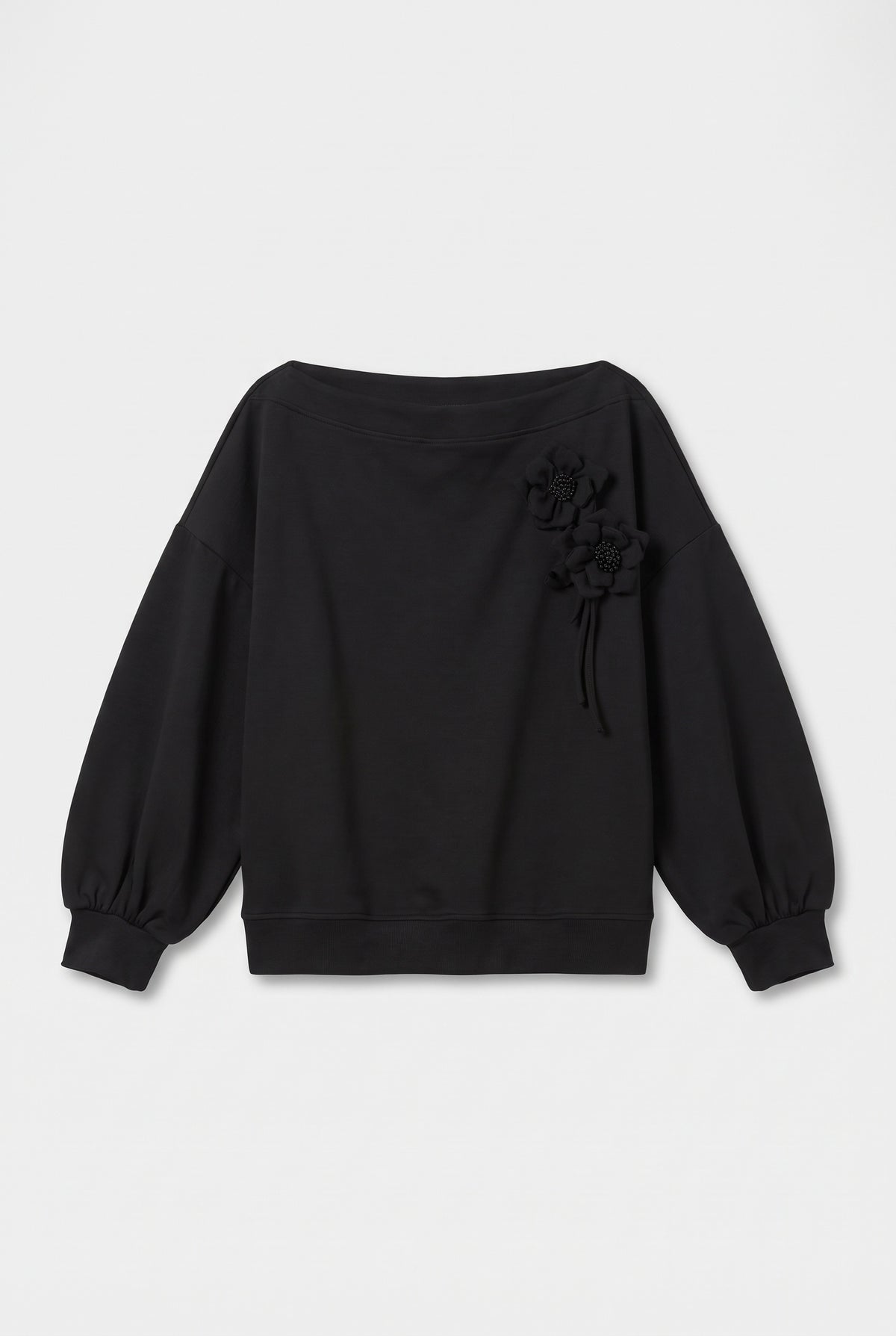 Floral Applique Top Long Slevees - Black - flat lay