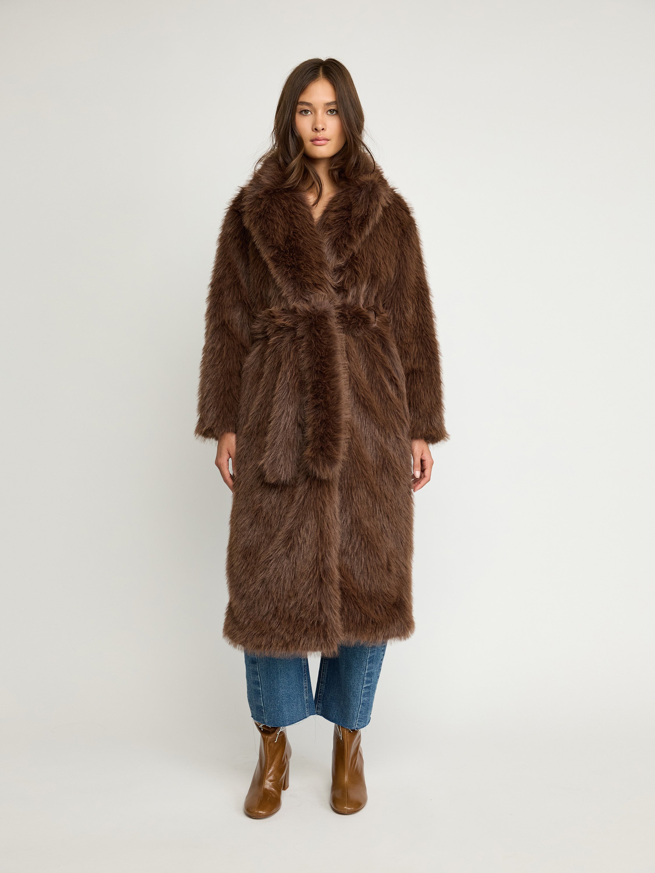 Long Faux Fur Belted Coat